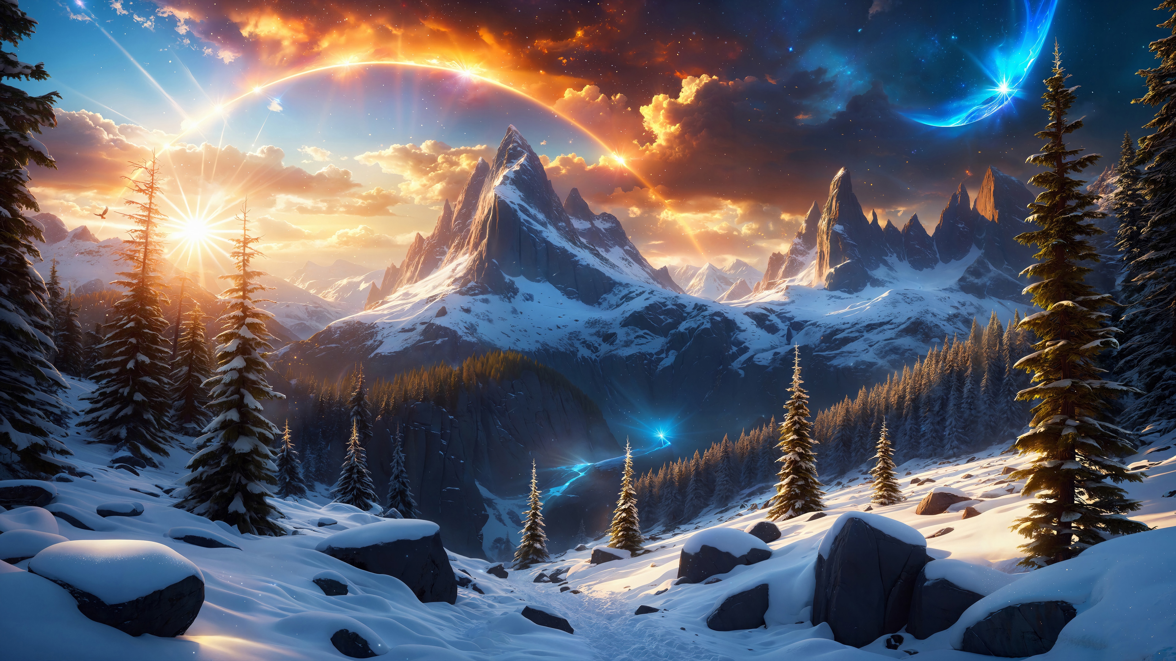 Snowy Mountain Sunrise Scenery 4K HD Wallpaper