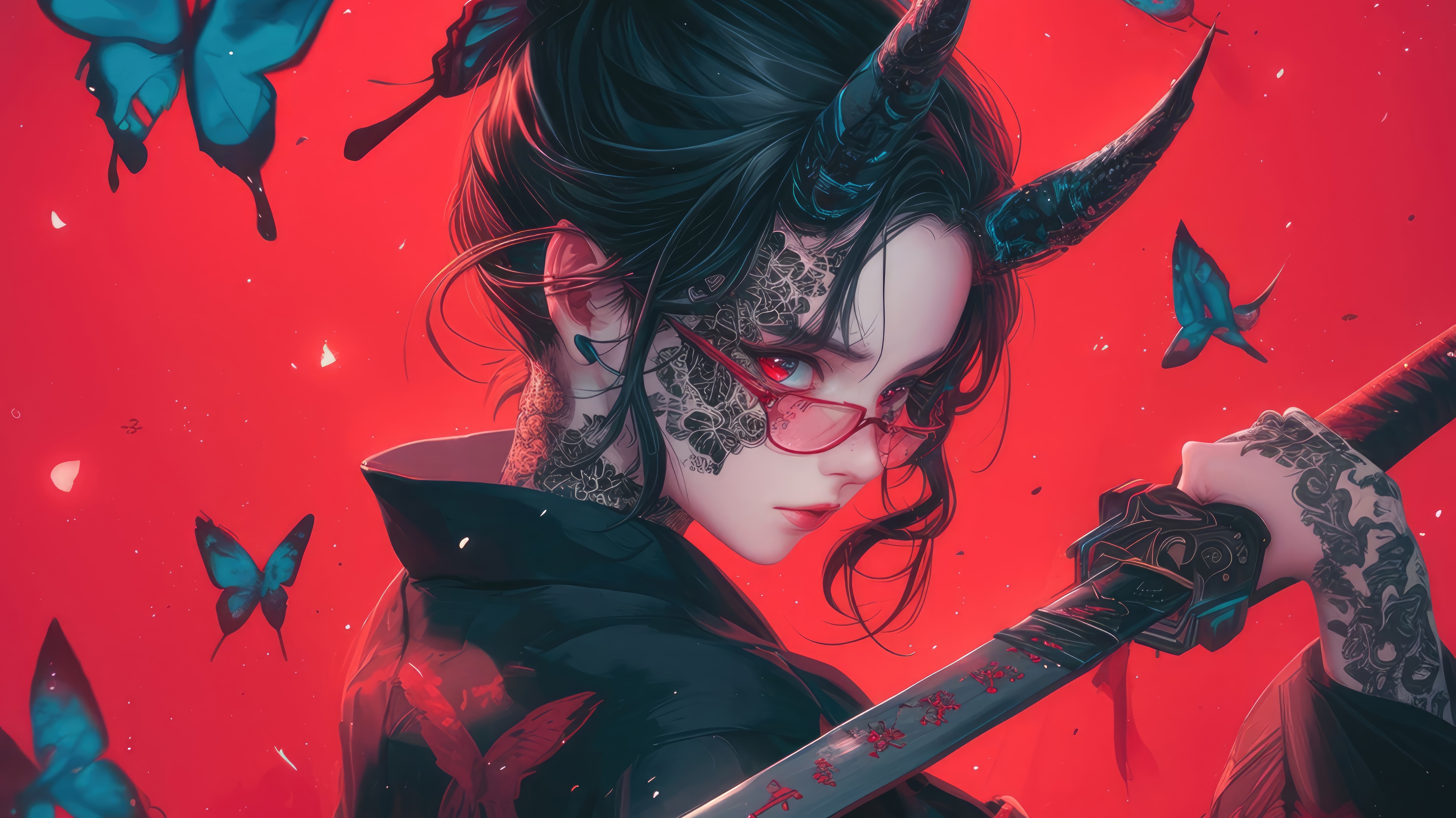 Anime Girl with Horns and Katana in 4K HD Wallpaper