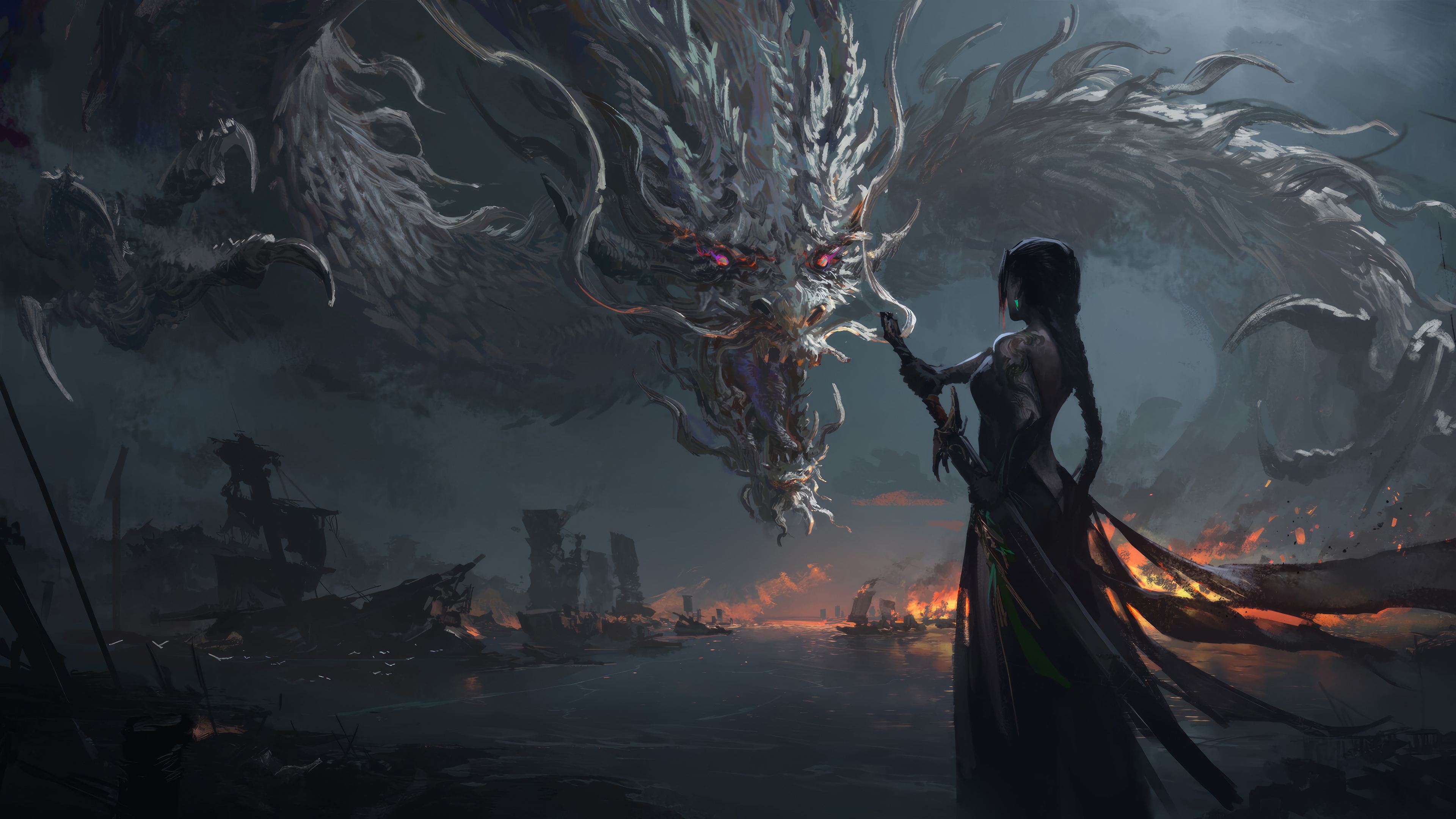 A Woman and a Dragon in a Burning Landscape 4K HD Wallpaper
