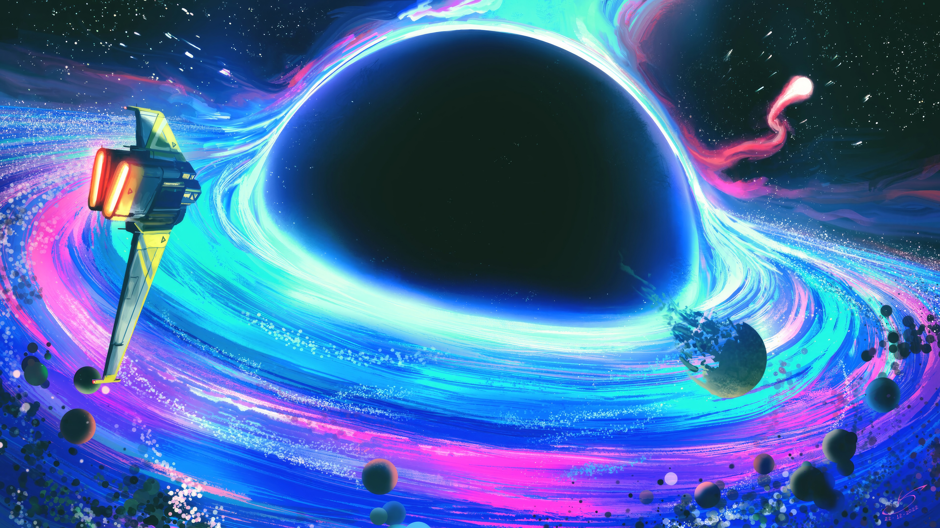 Spaceship near a colorful black hole in space 4K HD Wallpaper