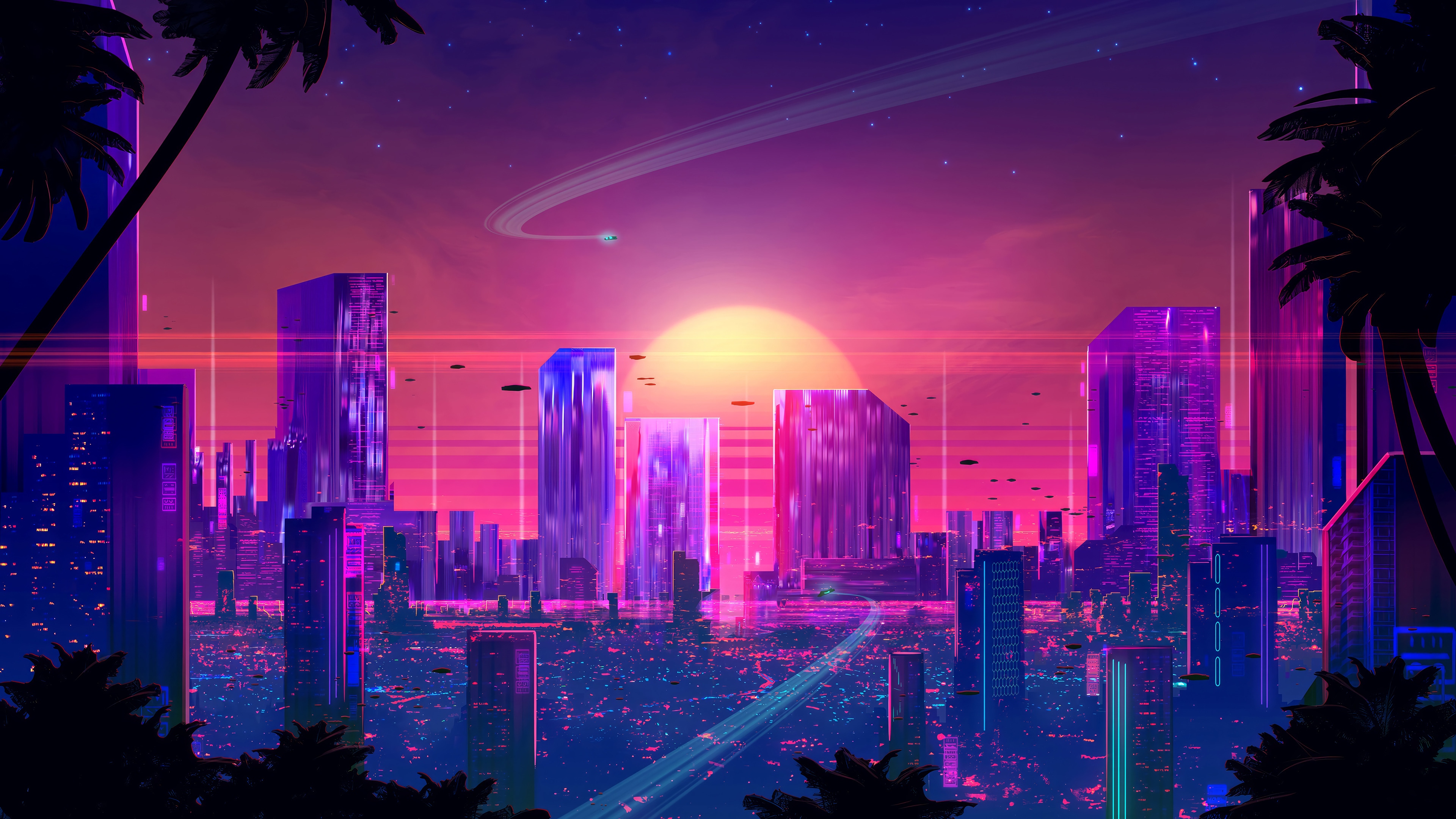 Futuristic Cityscape at Sunset with Vaporwave Aesthetics HD Wallpaper