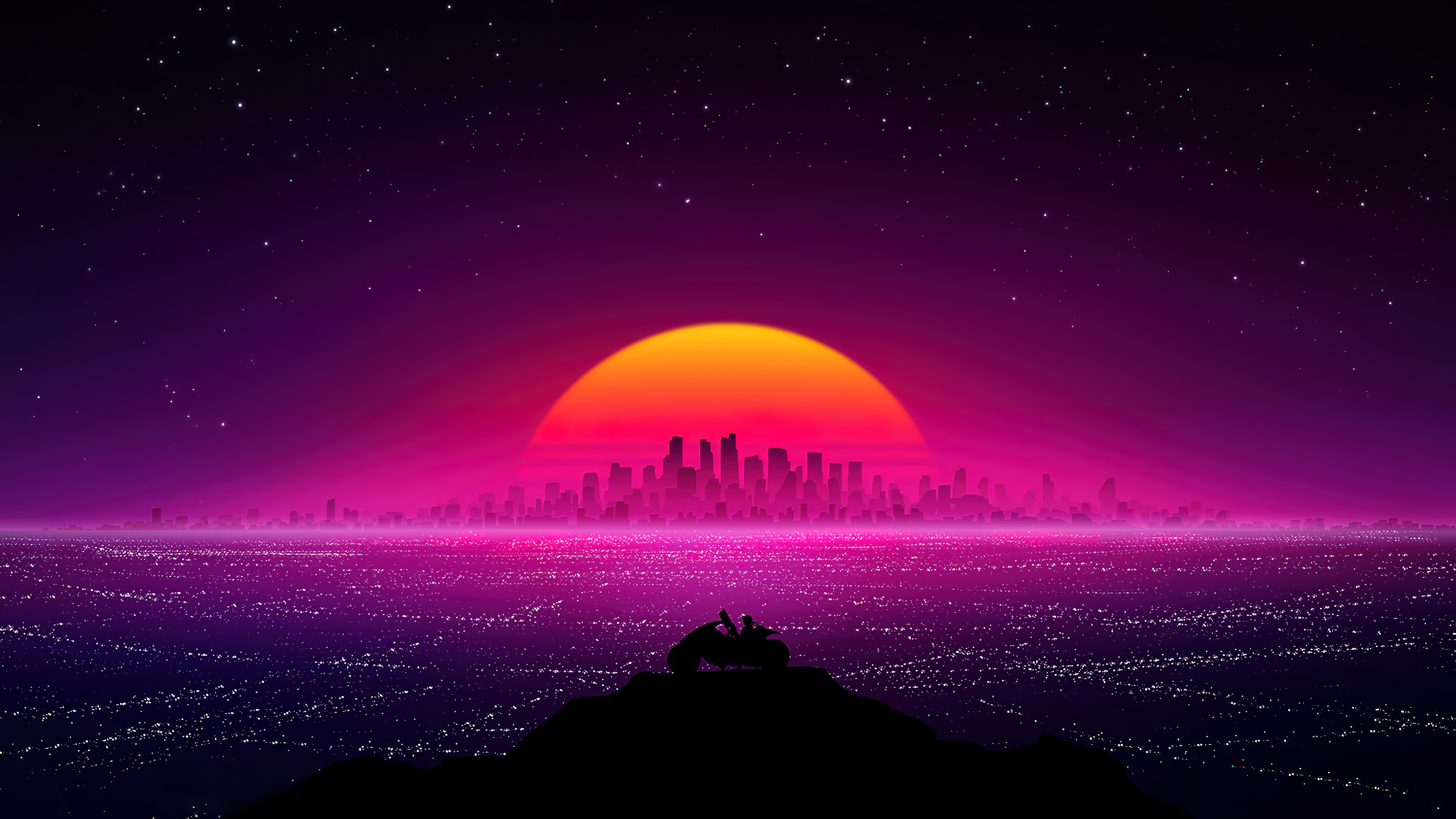 Synthwave Cityscape with Sunset and Stars HD Wallpaper