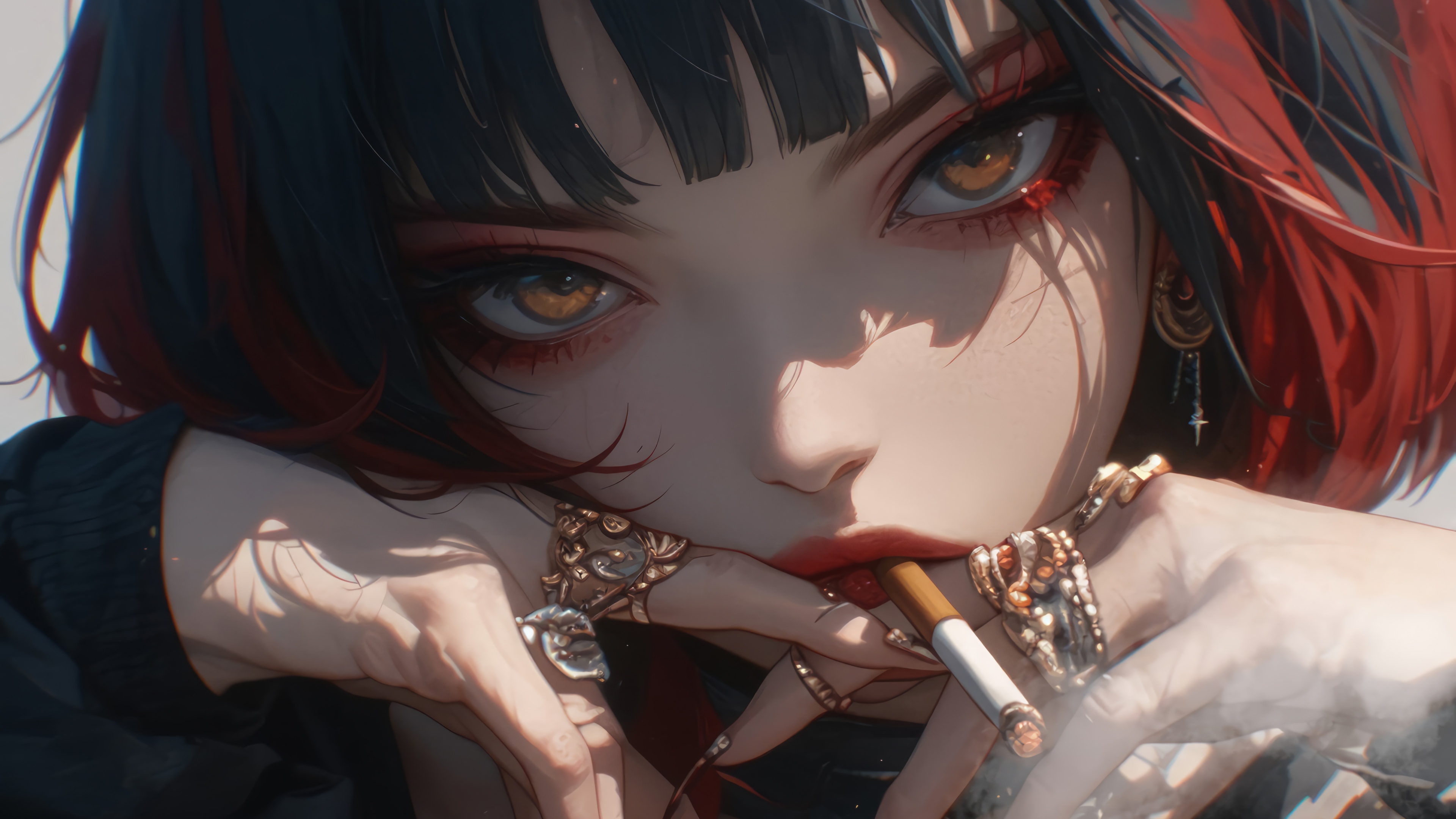 Anime girl smoking with red highlights 4K HD Wallpaper