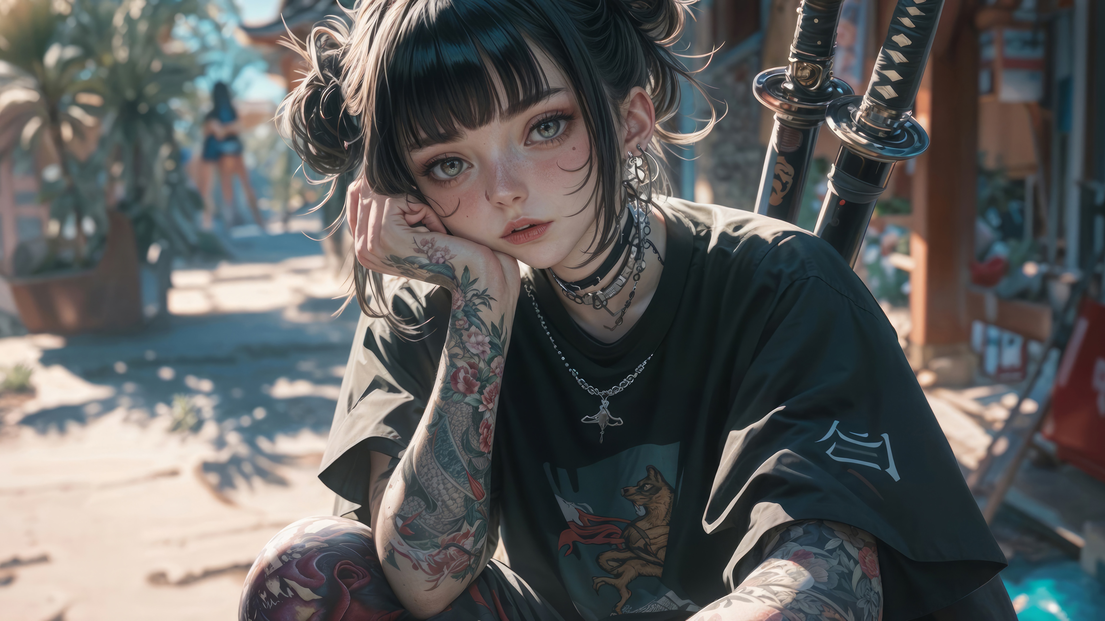 Anime Girl with Tattoos and Katana 4K HD Wallpaper