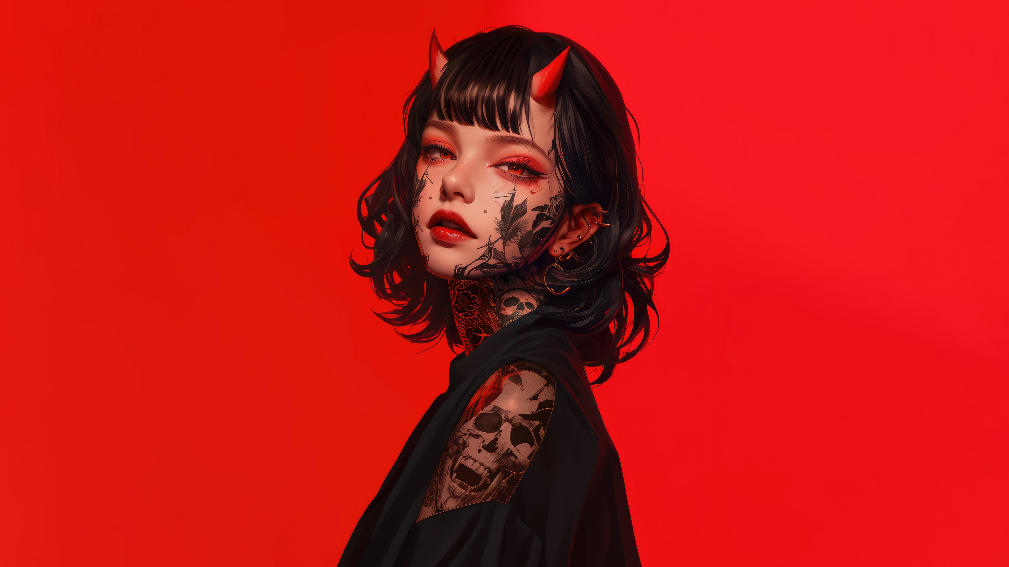Anime Girl with Horns and Tattoos 4K HD Wallpaper