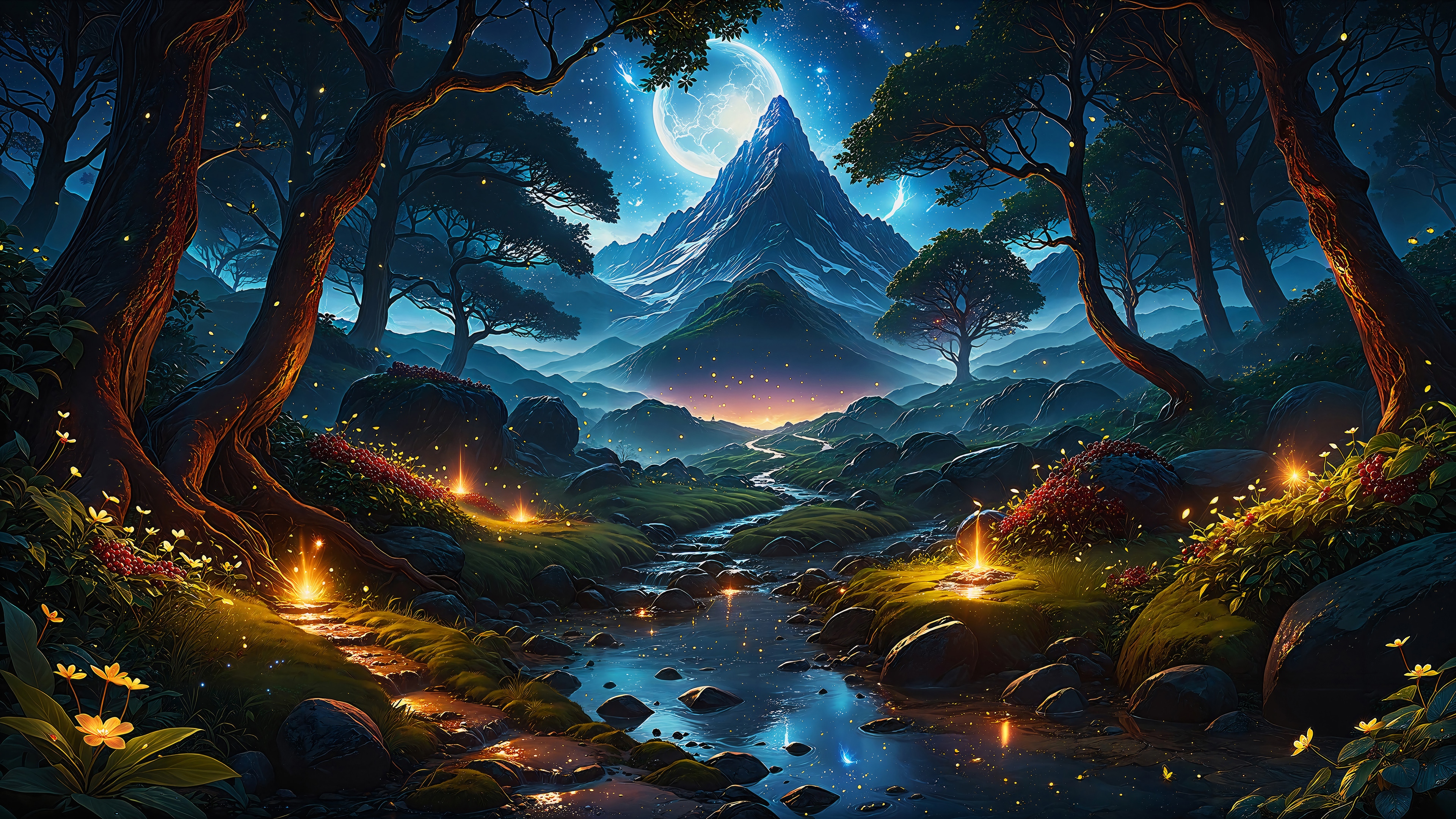 Magical Forest River with Mountain and Moon 4K HD Wallpaper