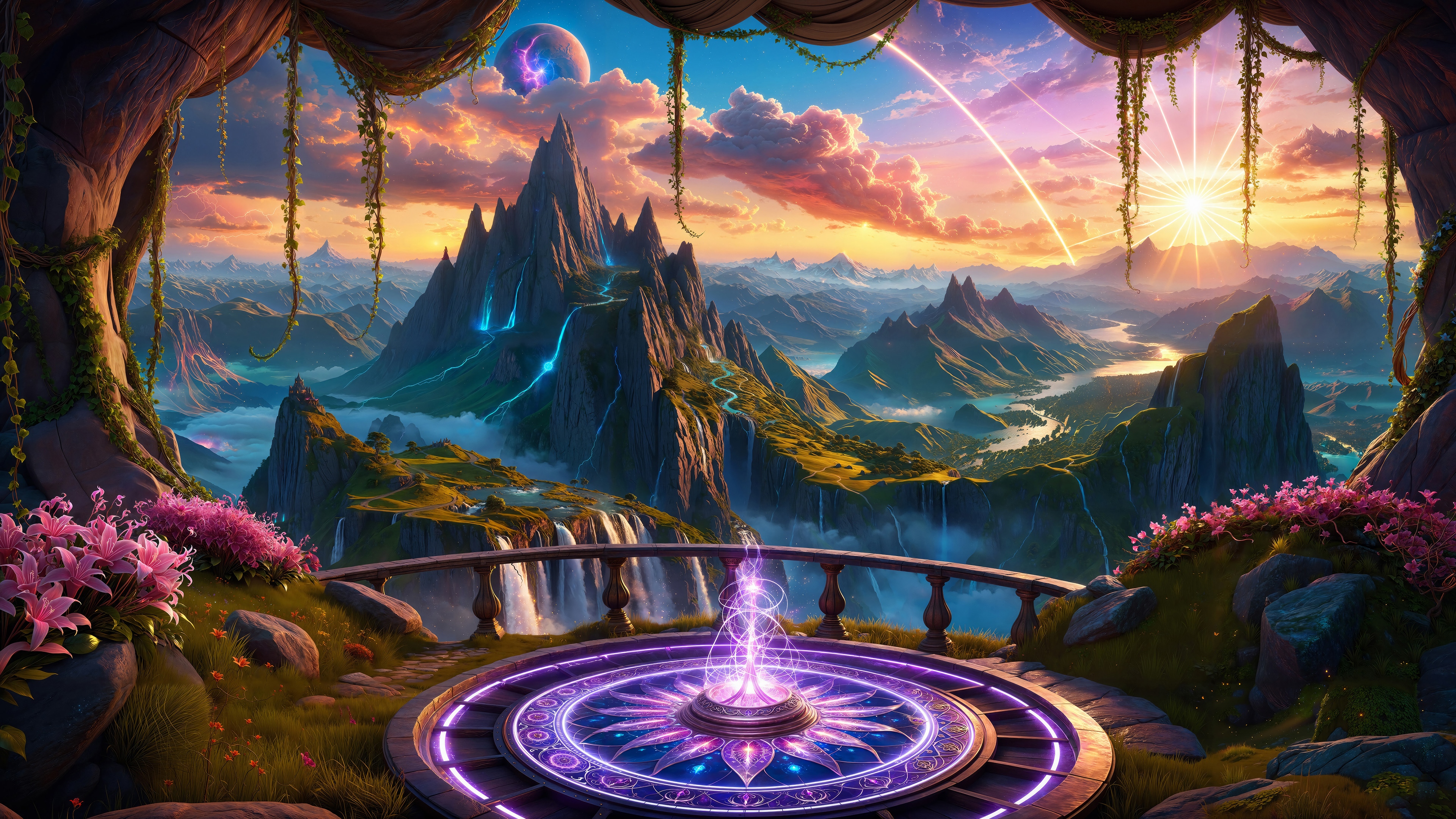 Fantasy landscape with mountains and a magical portal HD Wallpaper