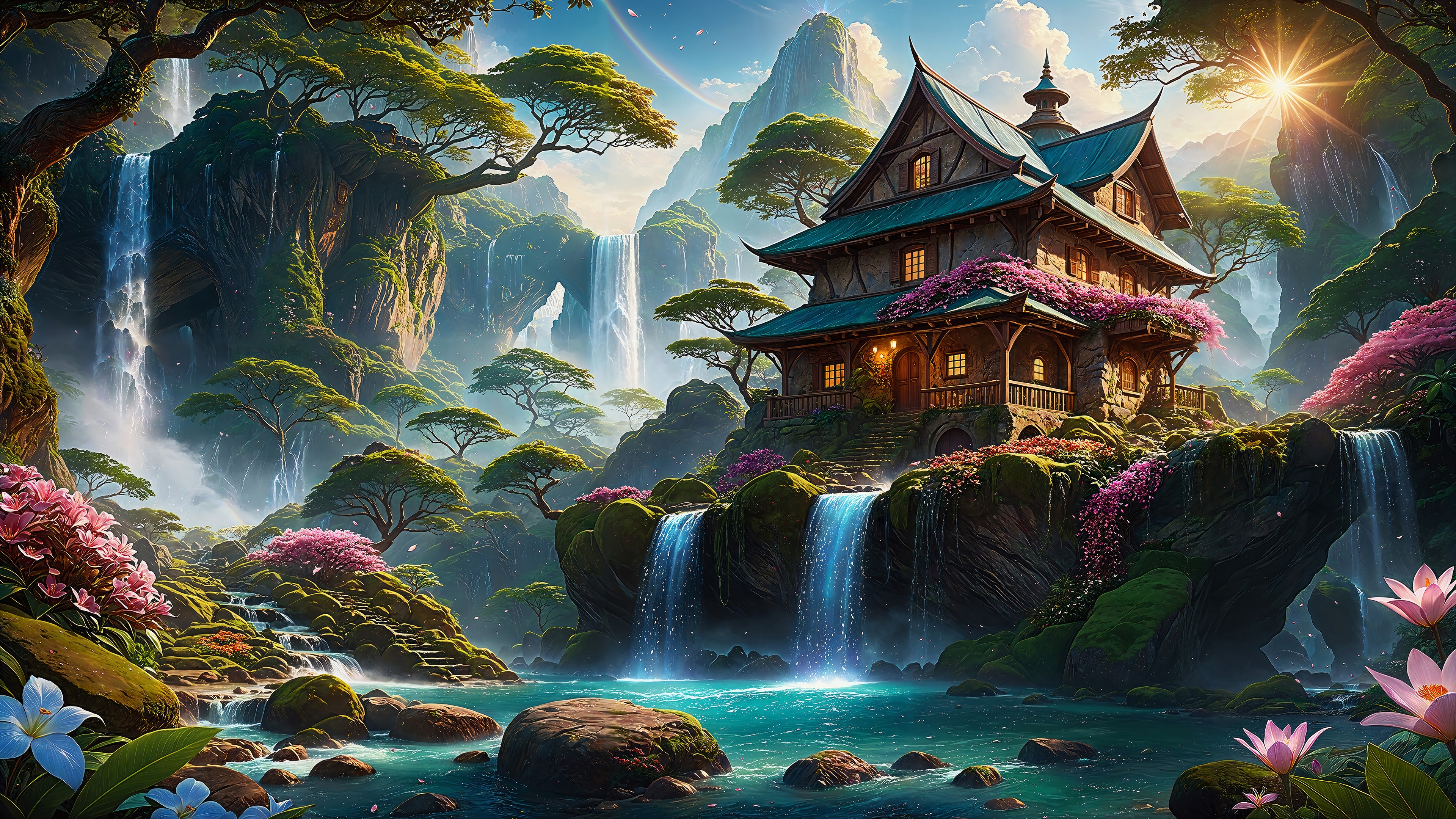Fantasy House with Waterfalls and Pink Flowers 4K HD Wallpaper