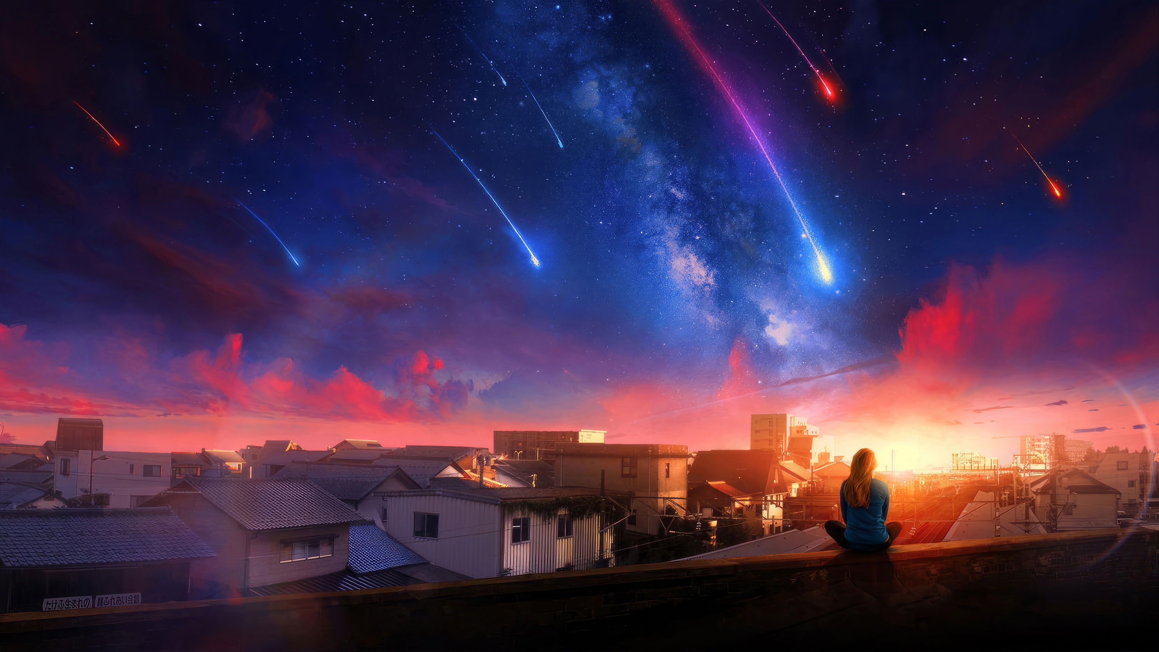 Girl watching shooting stars over city 4K HD Wallpaper