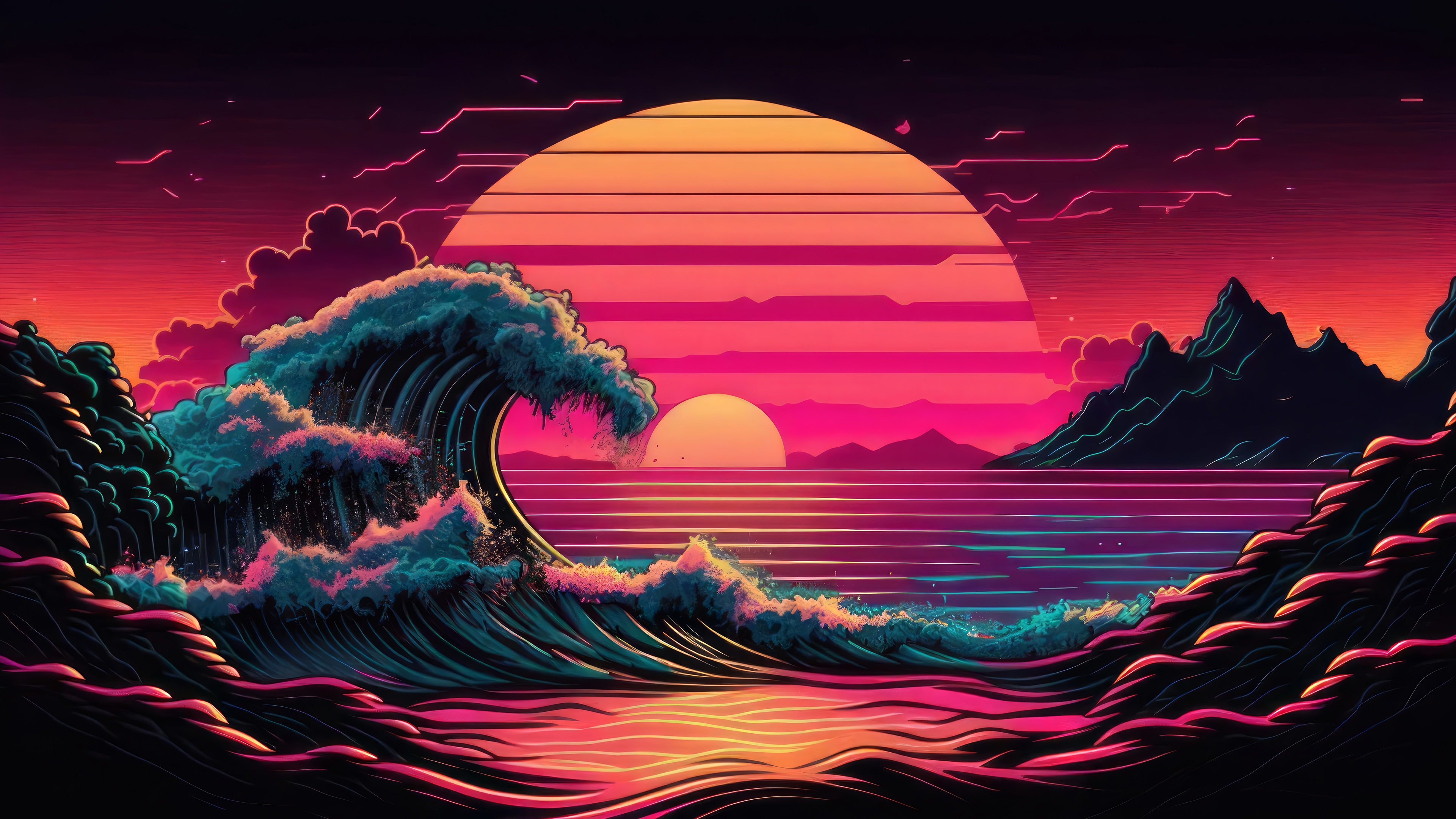 Synthwave Sunset with Crashing Waves and Mountains HD Wallpaper