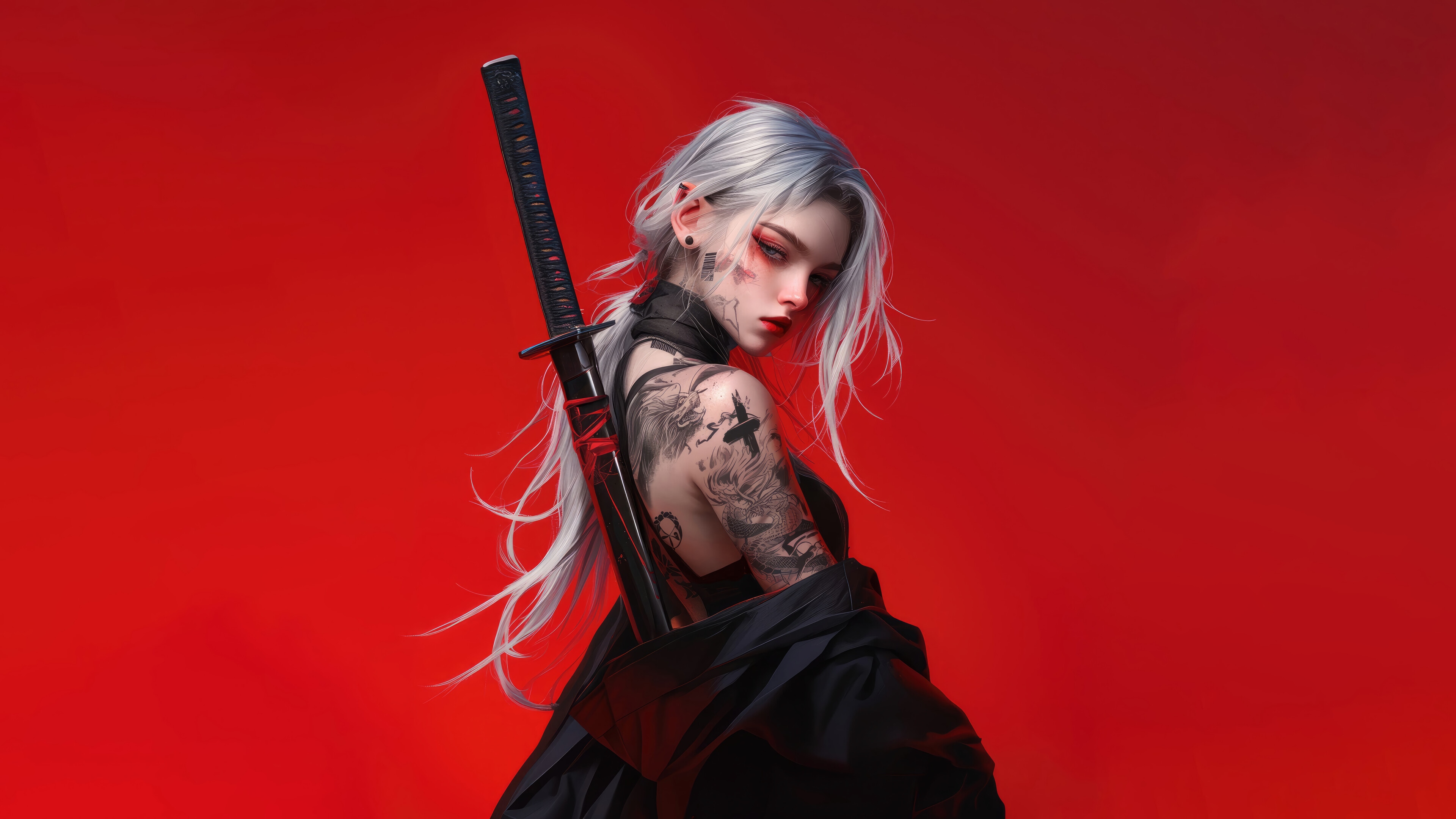 Anime Girl with Katana and Tattoos 4K HD Wallpaper