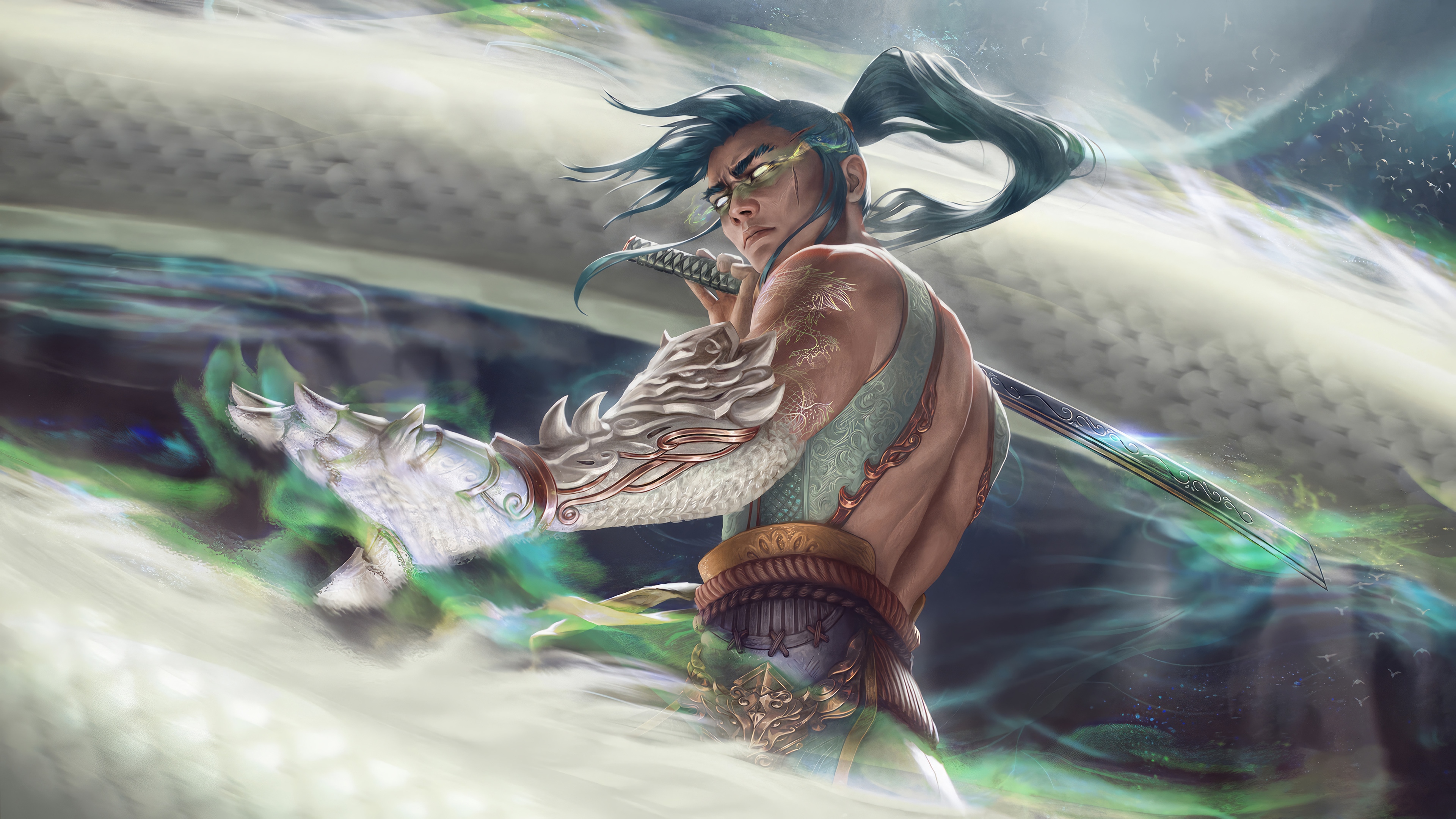 Fantasy Warrior with Katana and Dragon HD Wallpaper