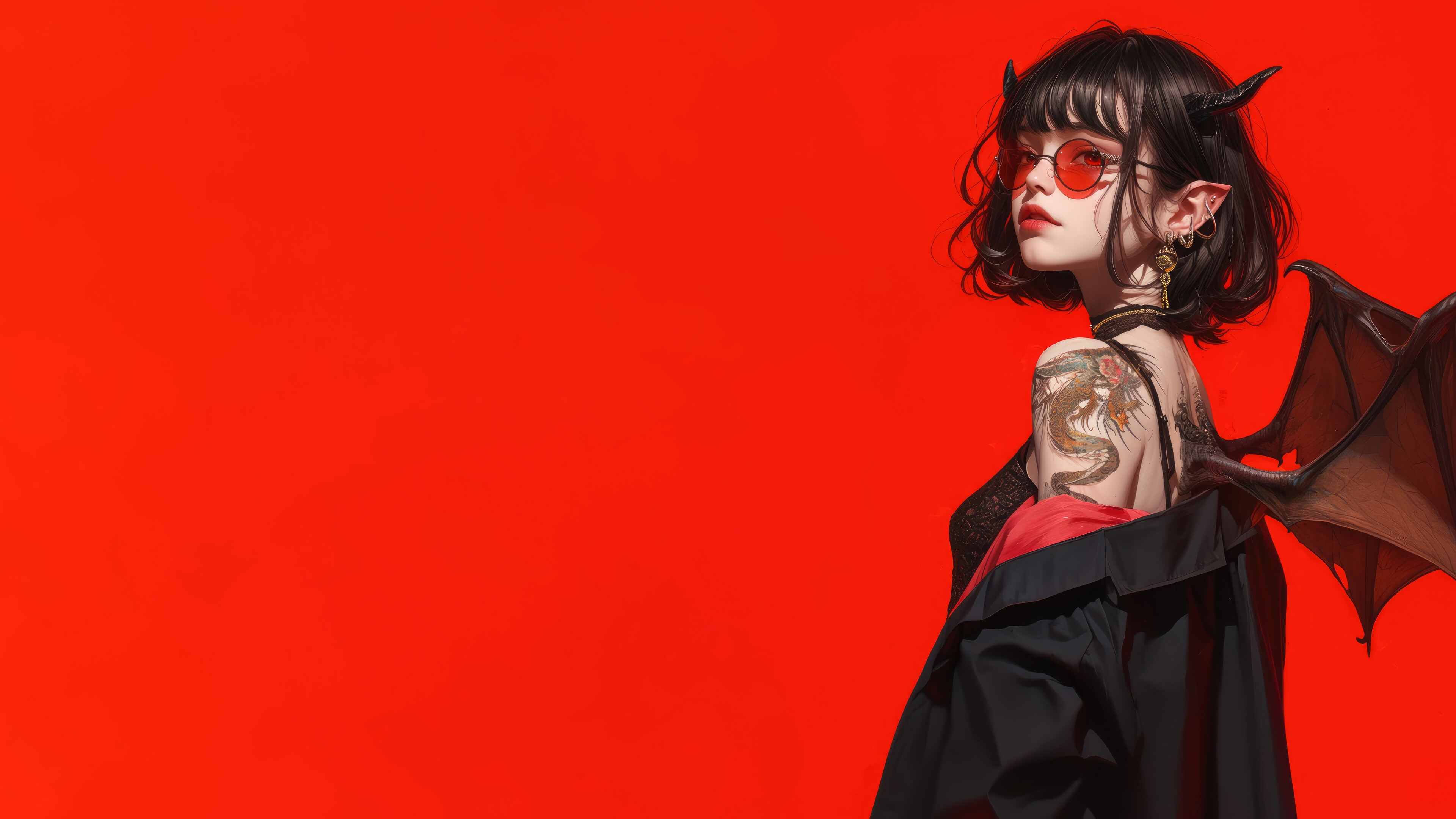 Anime Devil Girl with Dragon Tattoo and Wings 4K HD Wallpaper