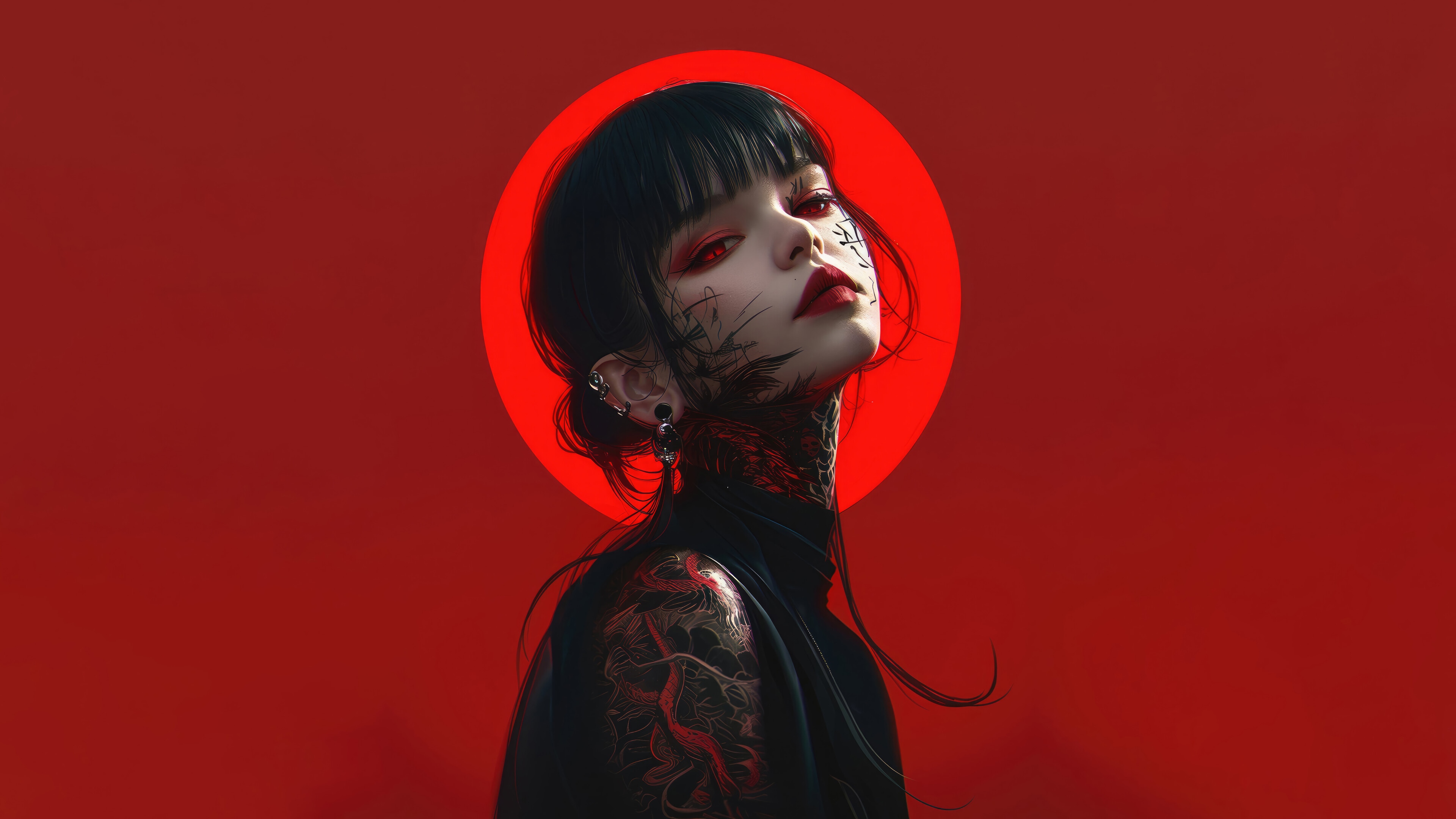 Anime Girl with Red Eyes and Tattoos 4K HD Wallpaper