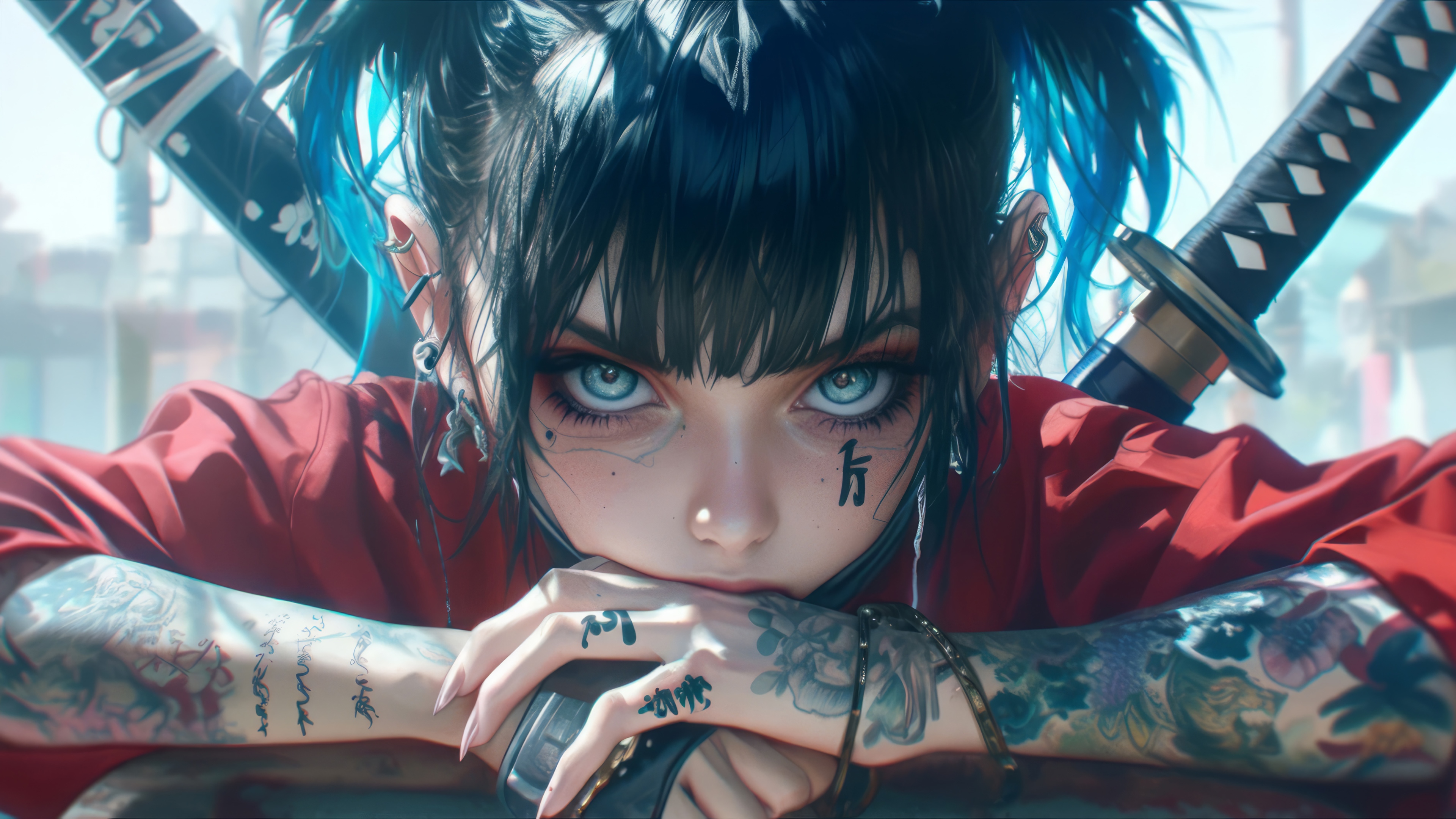 Anime Girl with Katana and Tattoos 4K HD Wallpaper