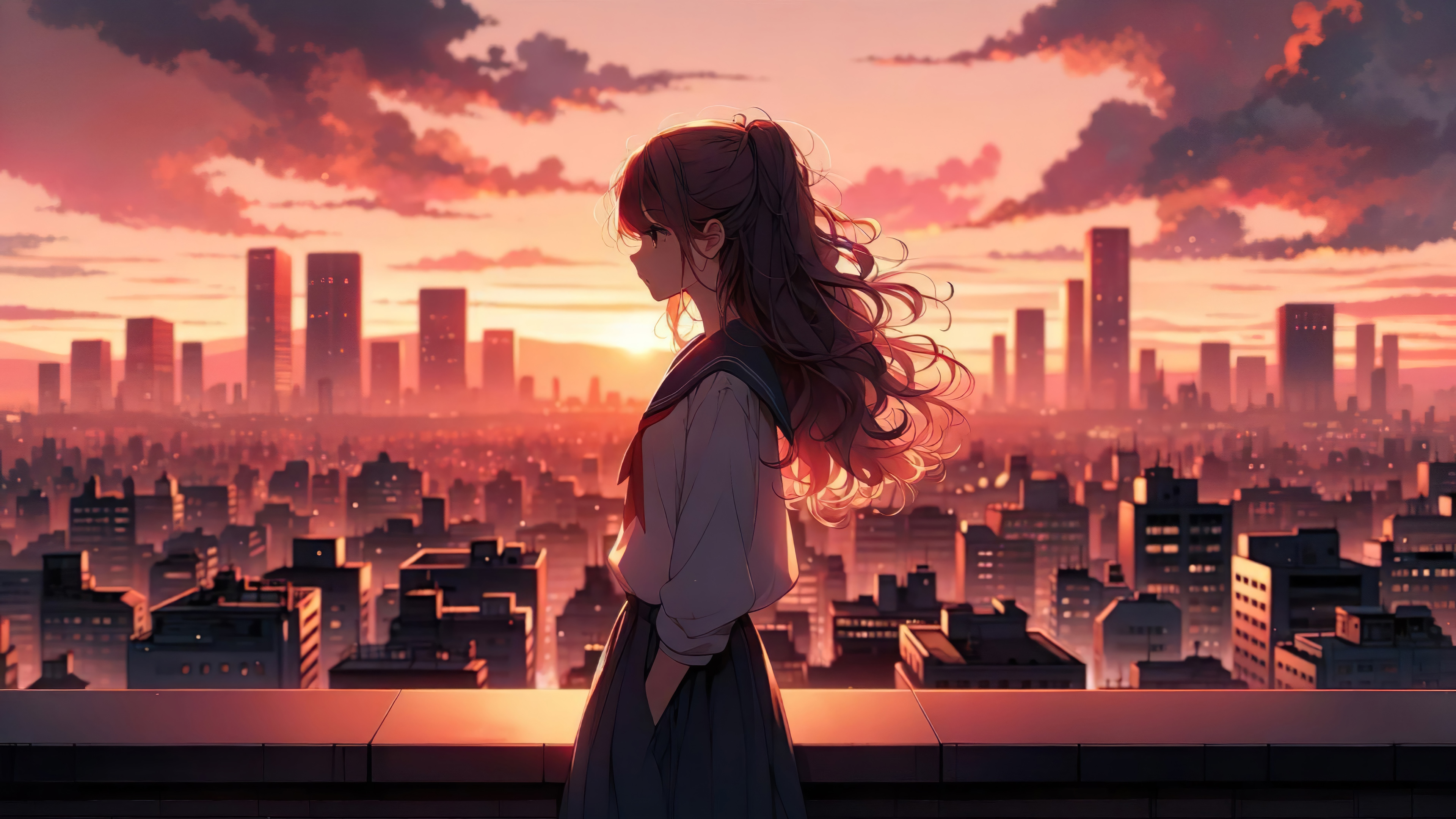 Anime Girl in School Uniform at Sunset Over City 4K HD Wallpaper