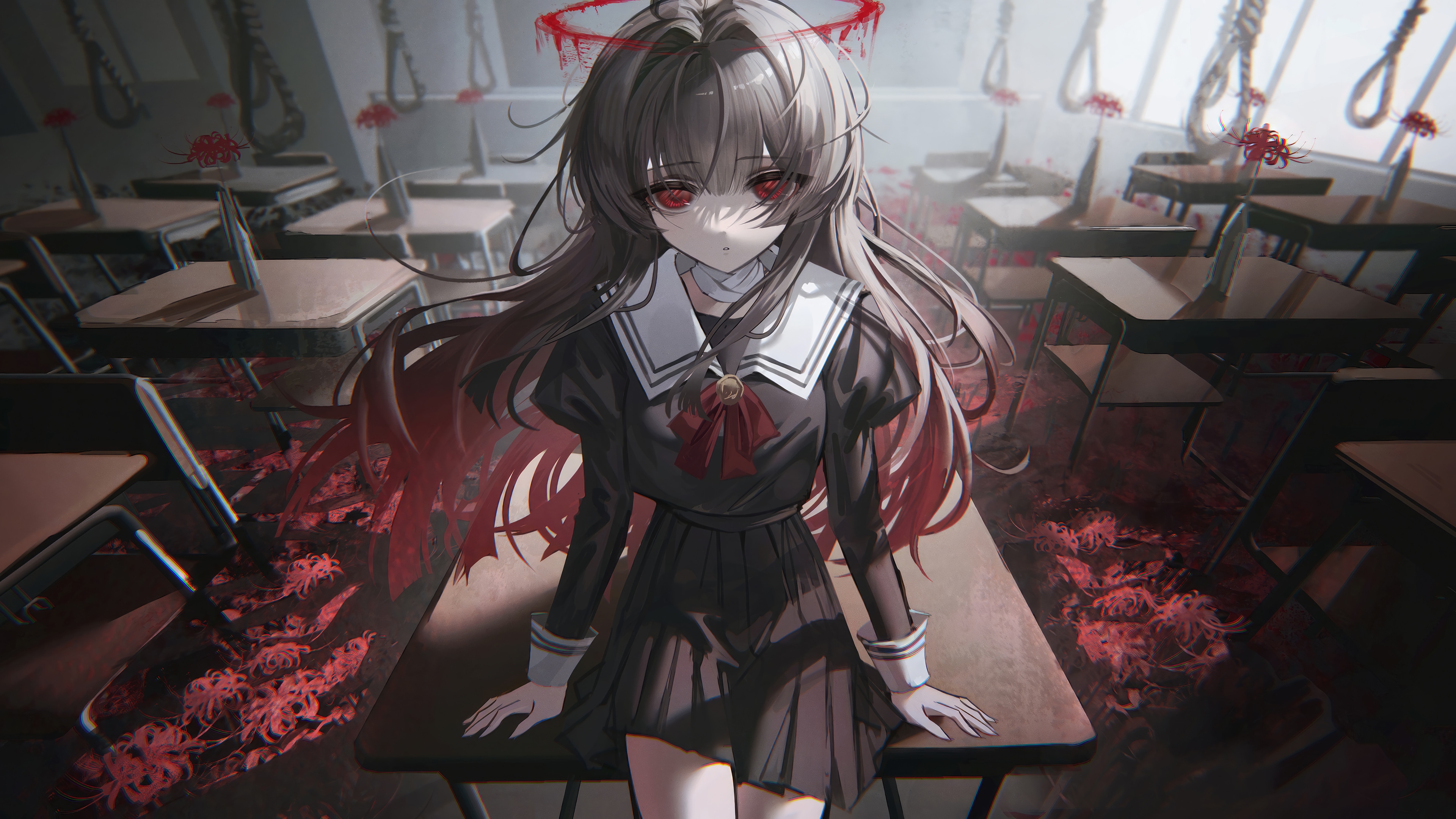 Anime Girl with Red Eyes in a Classroom HD Wallpaper
