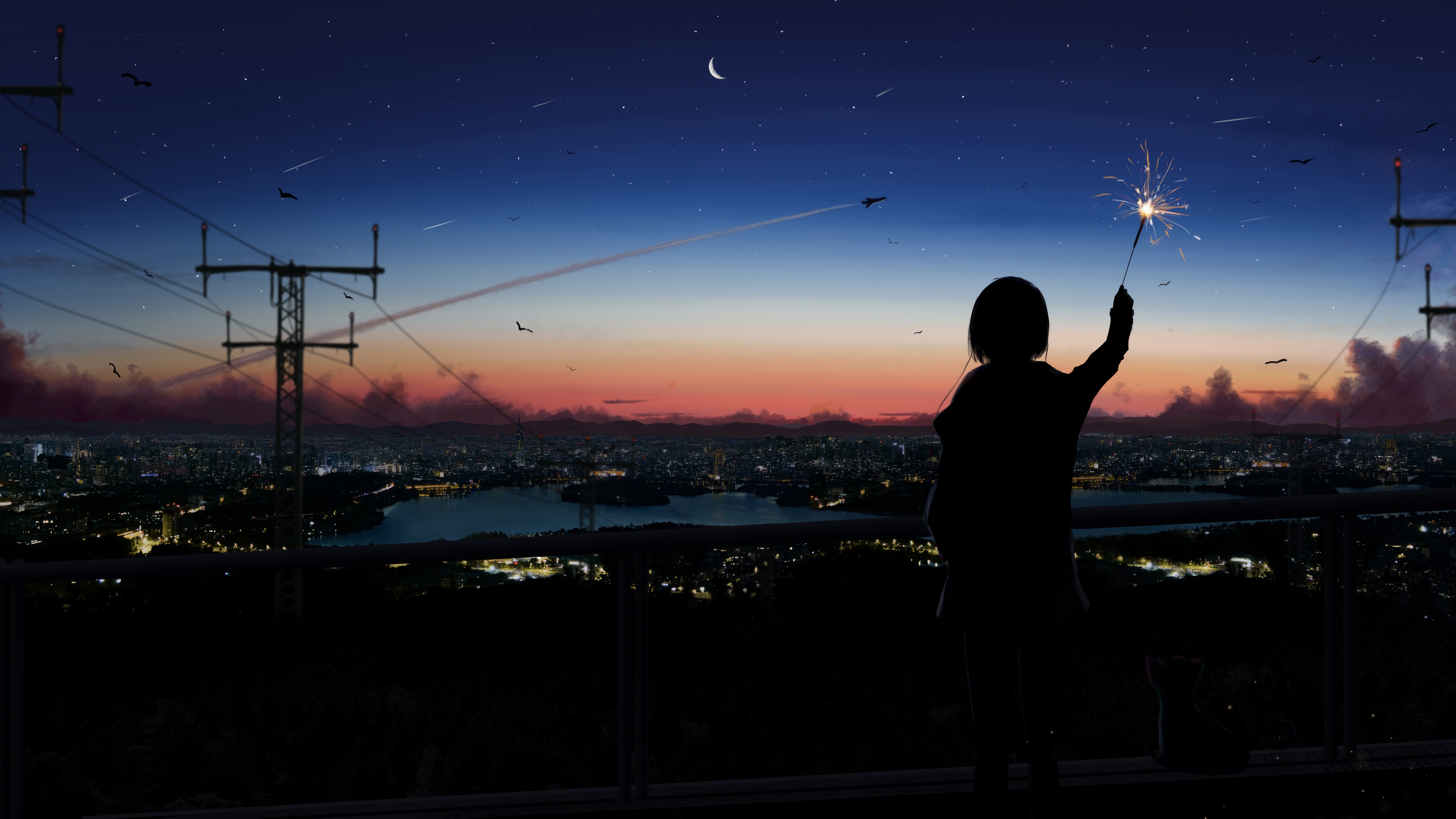 Anime Girl with Sparkler Overlooking City at Sunset HD Wallpaper