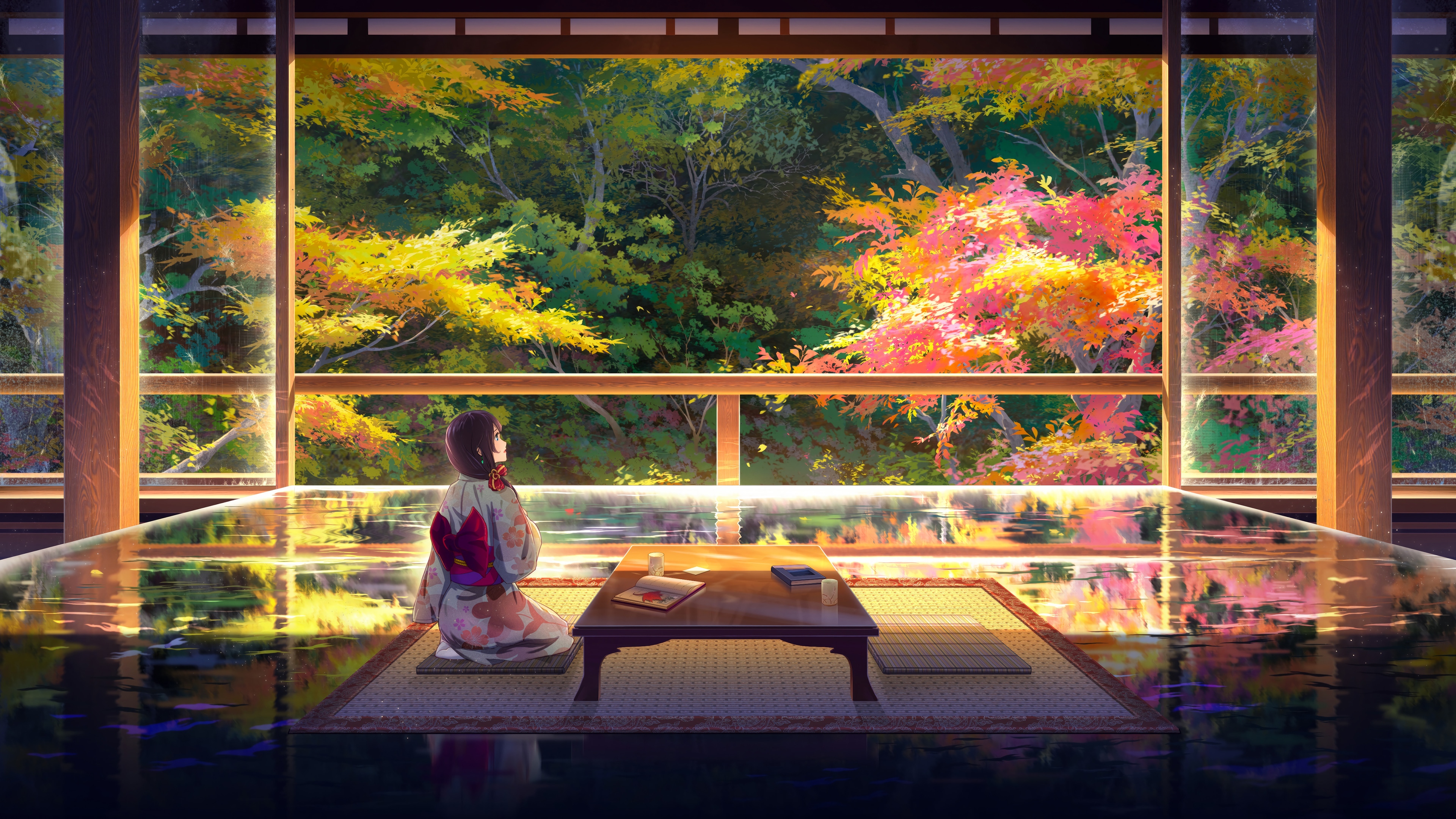 Anime girl in kimono looking at autumn forest 4K HD Wallpaper