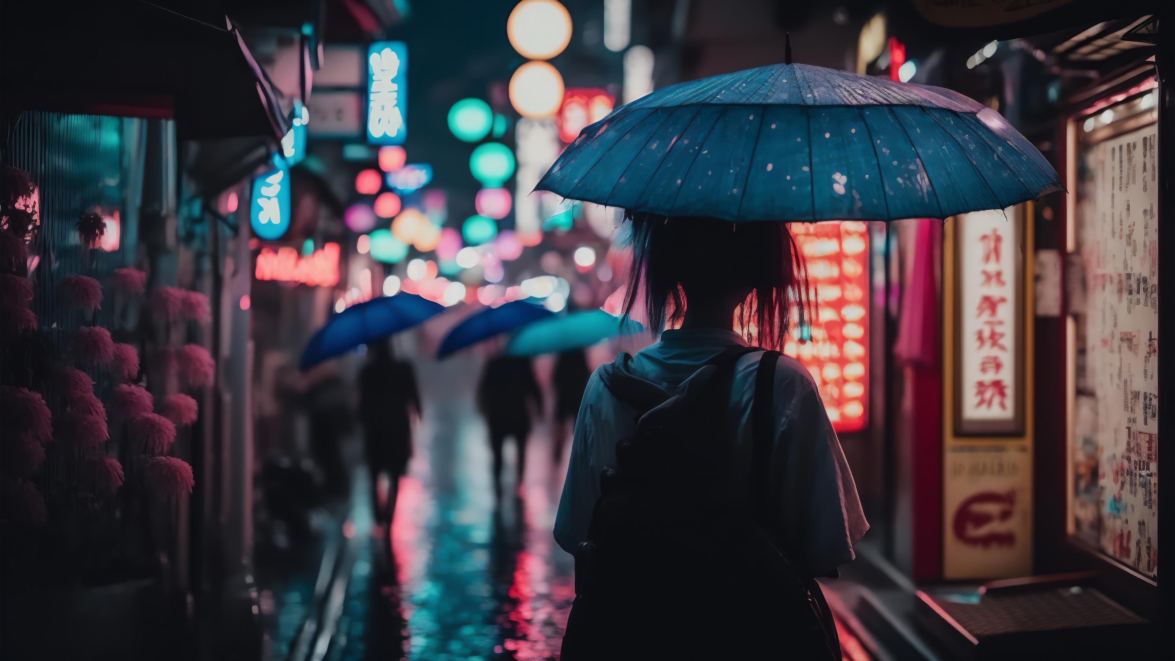 Girl with umbrella in a neon Tokyo alleyway HD Wallpaper