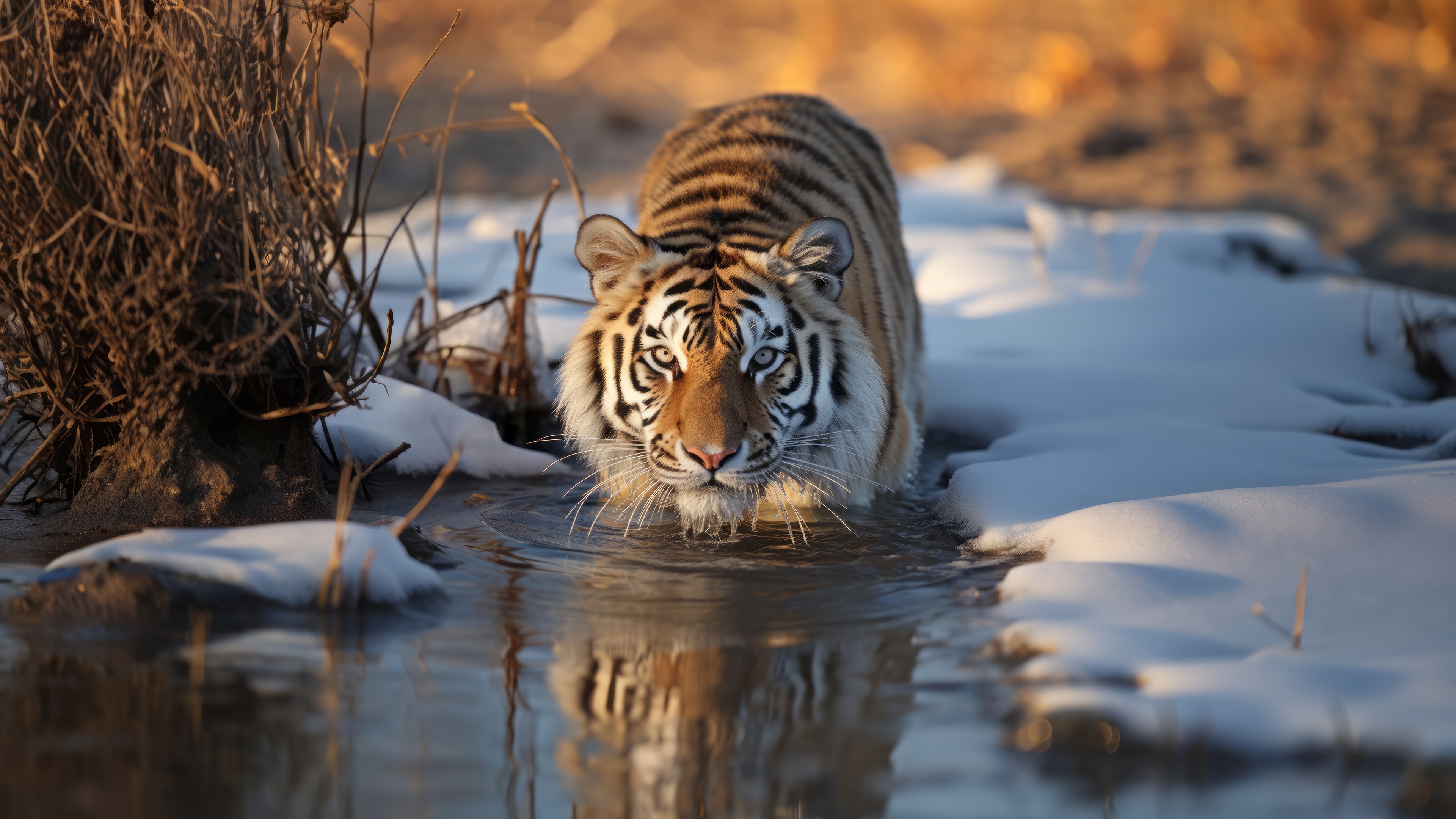 Tiger walking in water with snow HD Wallpaper