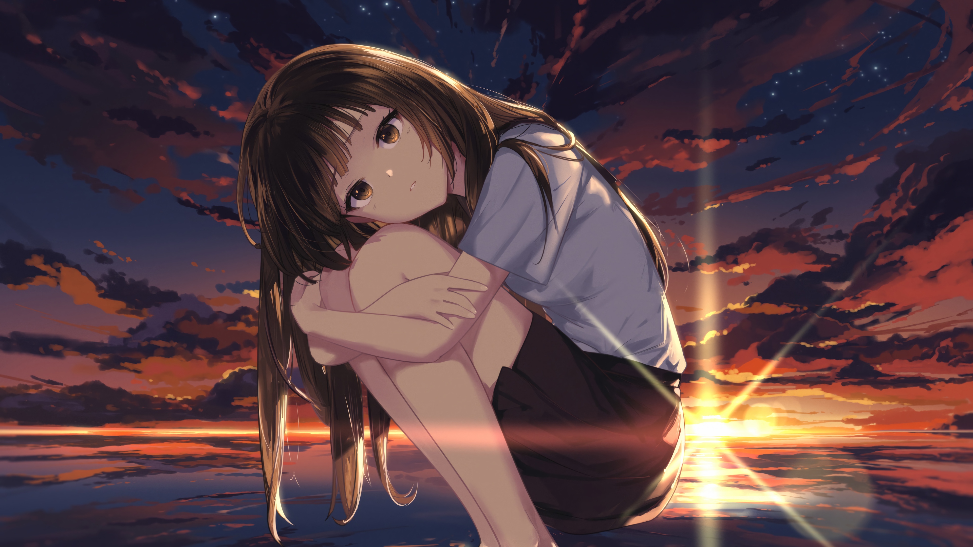 Anime Girl Sitting by the Sunset 4K HD Wallpaper