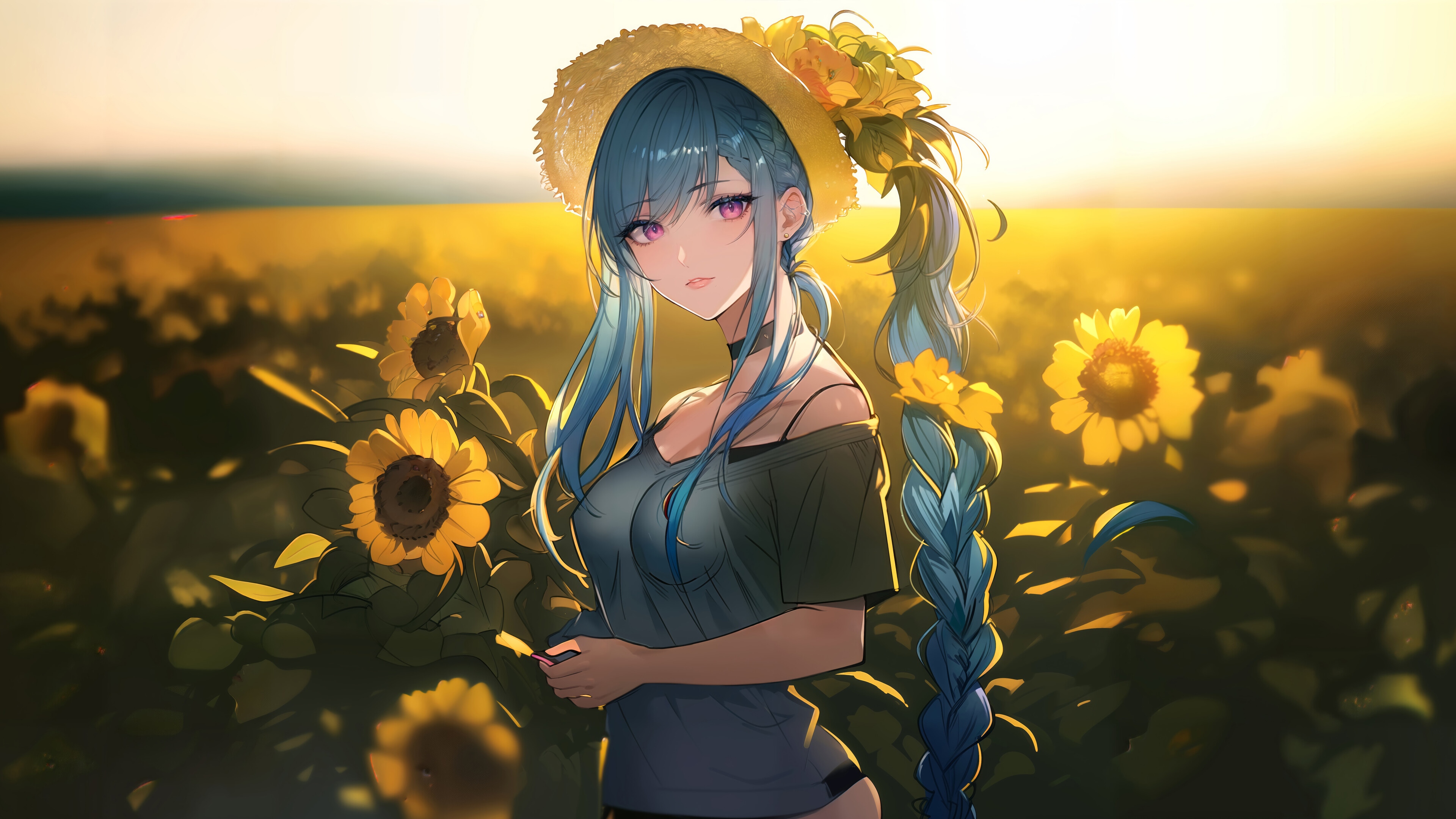 Anime Girl with Blue Hair in Sunflower Field 4K HD Wallpaper