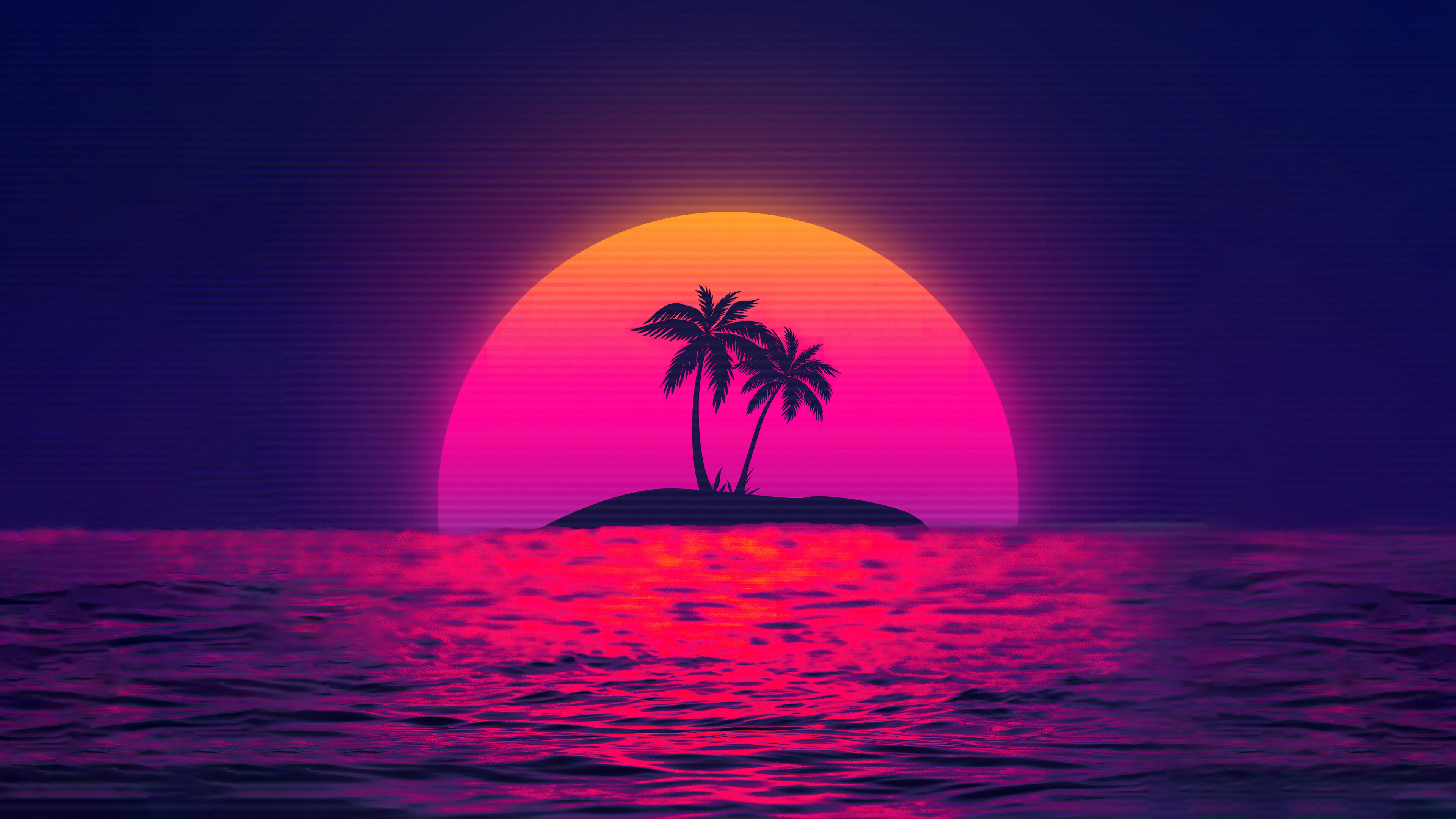 Retrowave Sunset with Palm Trees on Island 4K HD Wallpaper