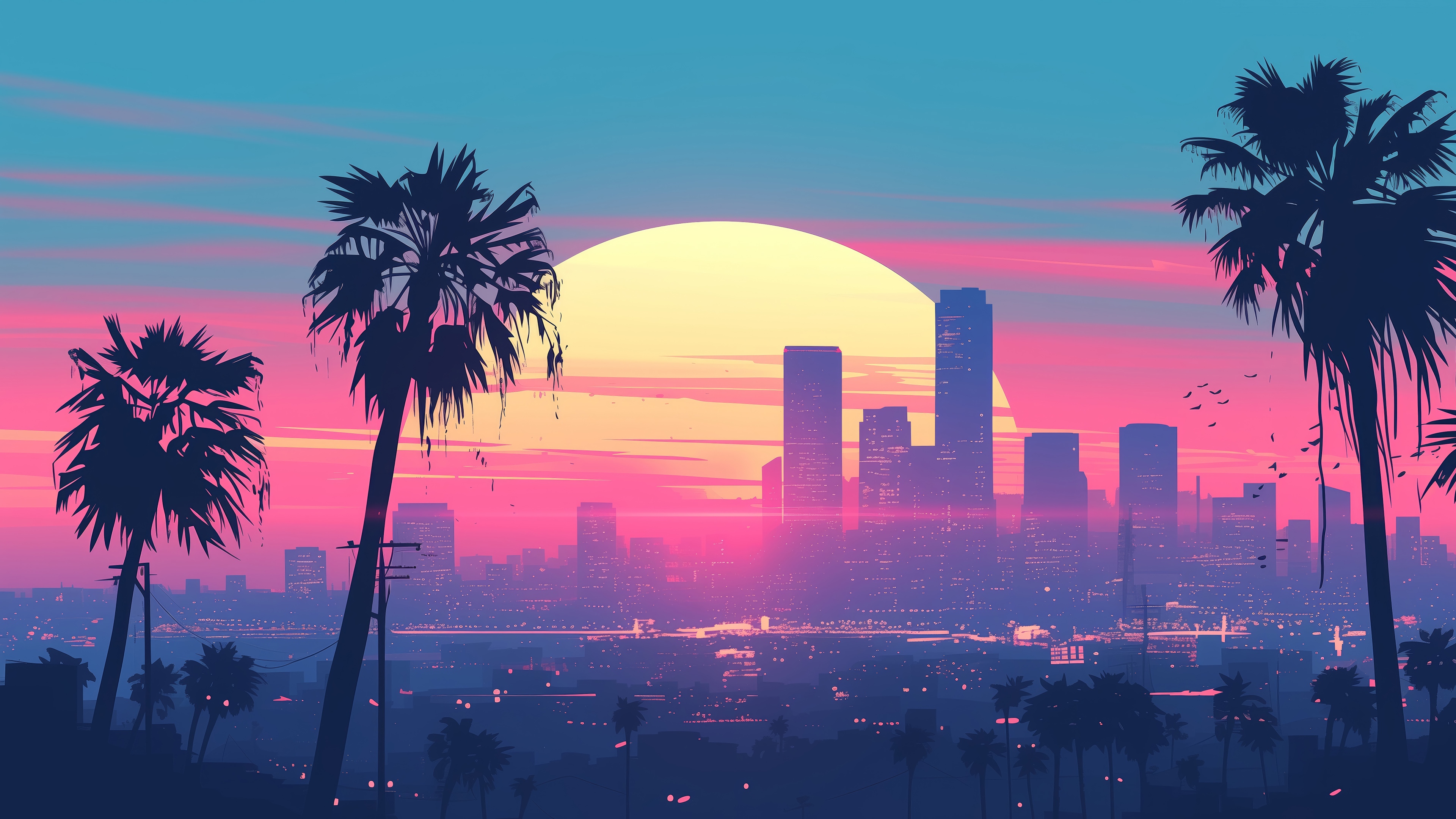 Sunset over a city with palm trees, 4K HD Wallpaper