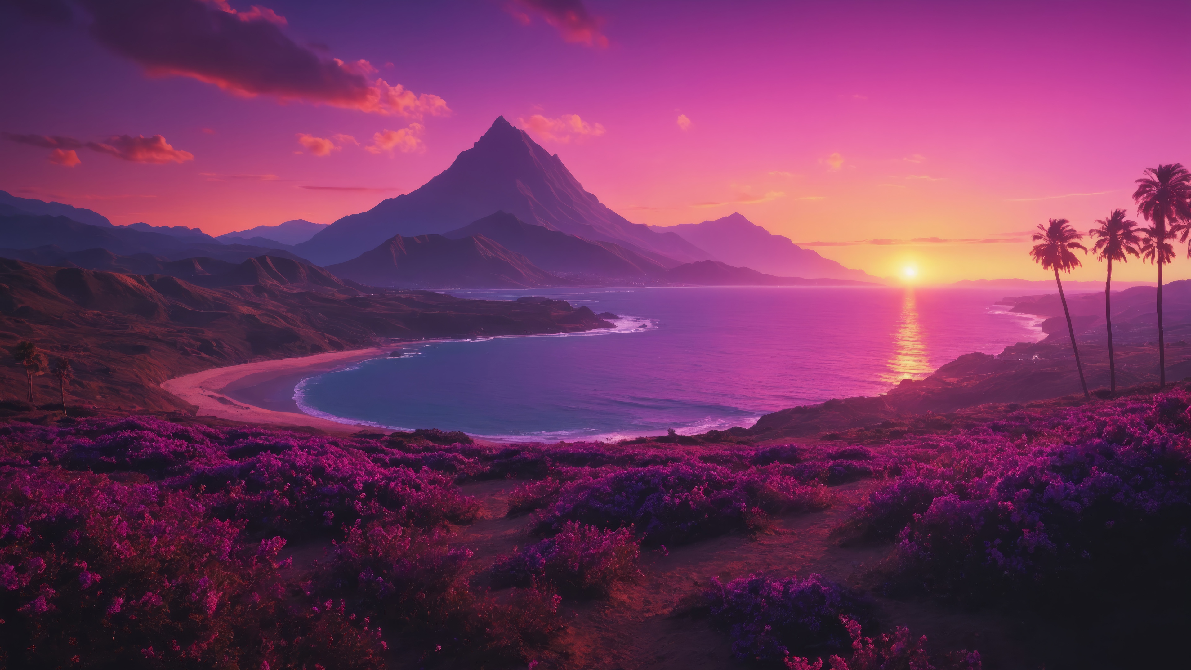 Sunset over a tropical bay with mountains and flowers 4K HD Wallpaper