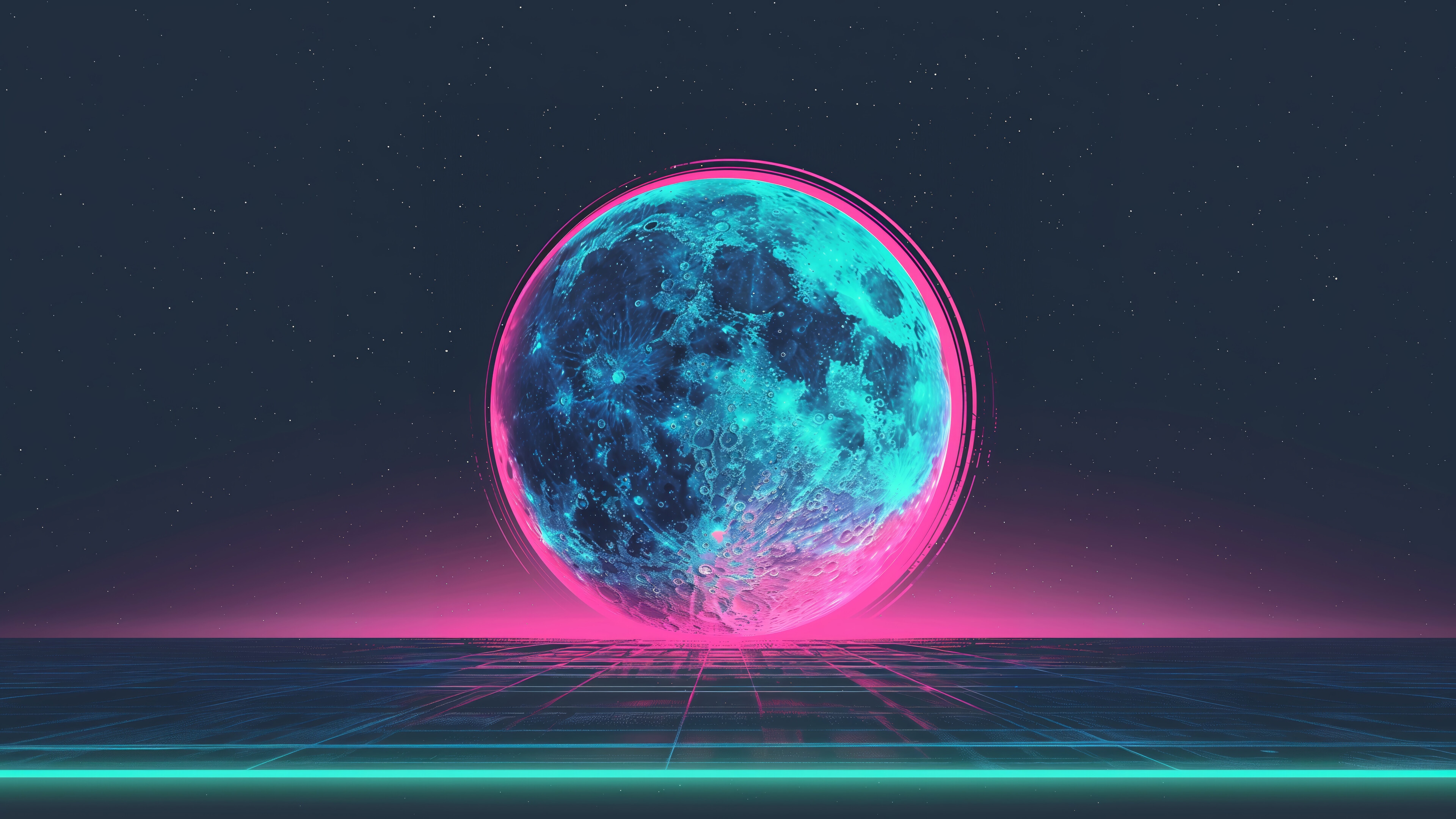 Vaporwave Moon on a Digital Grid HD Wallpaper