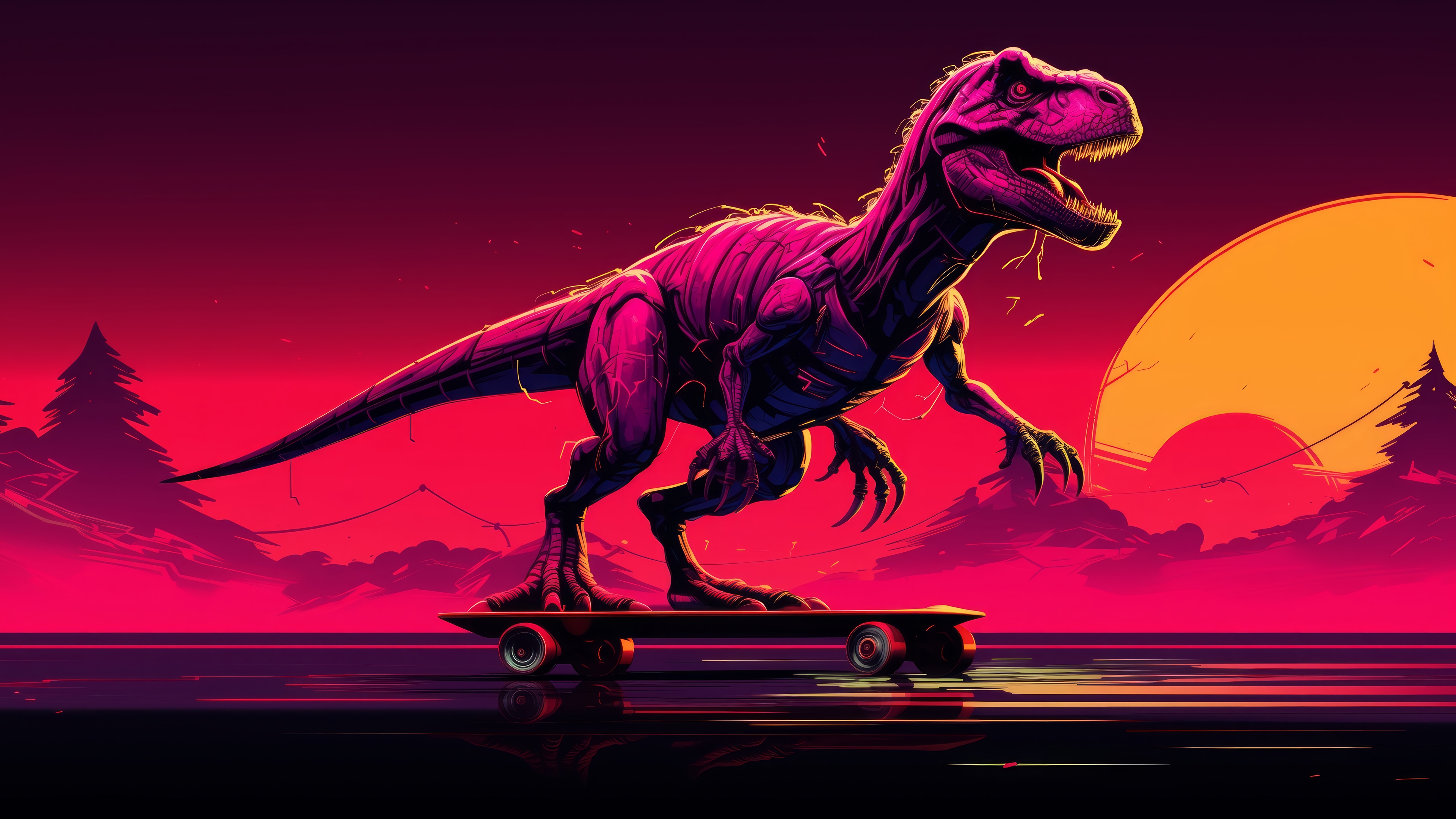 Dinosaur riding a skateboard at sunset 4K HD Wallpaper