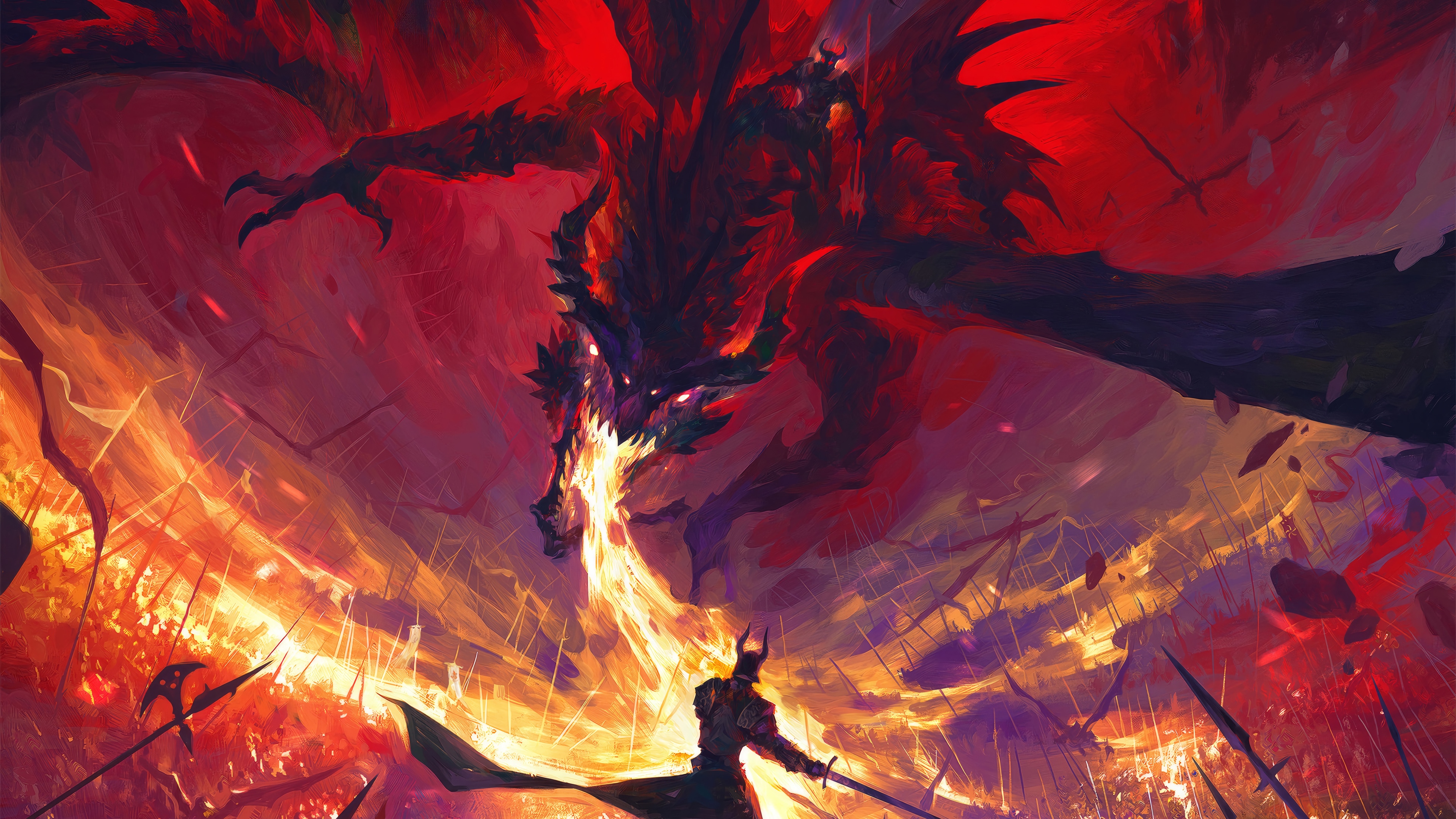 Dragon attacking an army with a knight in 4K HD Wallpaper