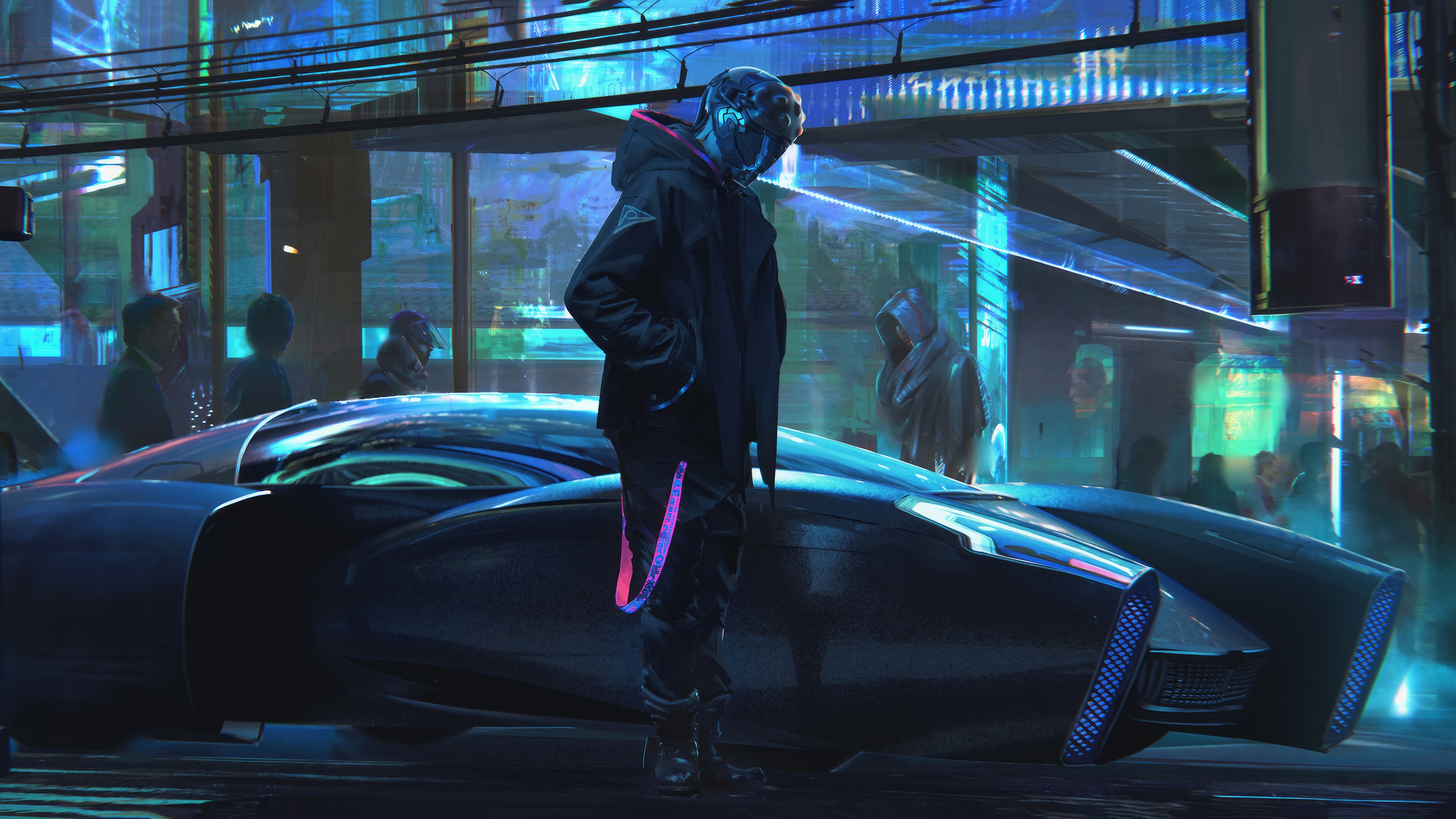 Cyberpunk character with futuristic car in 4K HD Wallpaper