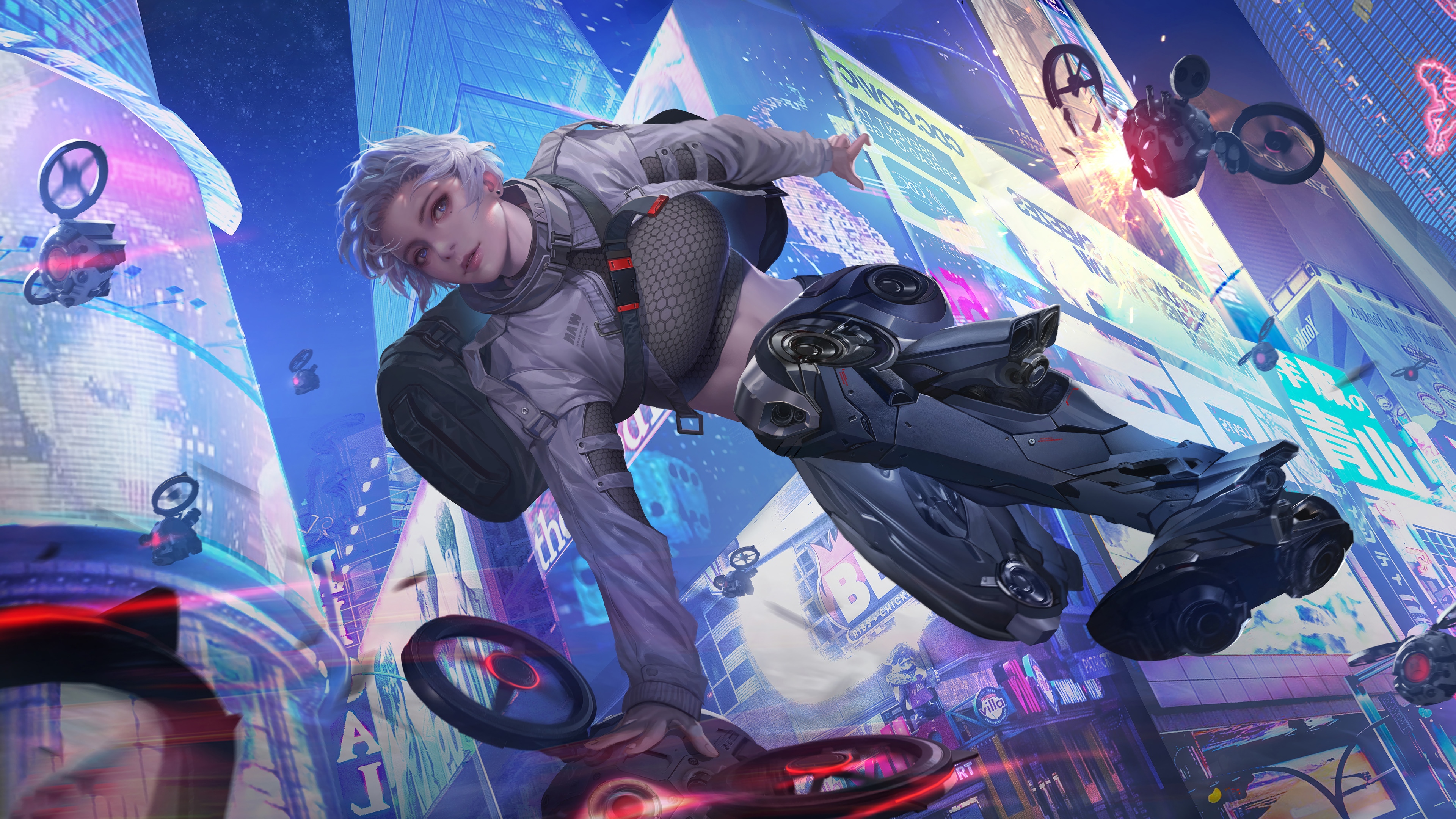 Cyberpunk girl on hoverboard in neon city 4K HD Wallpaper