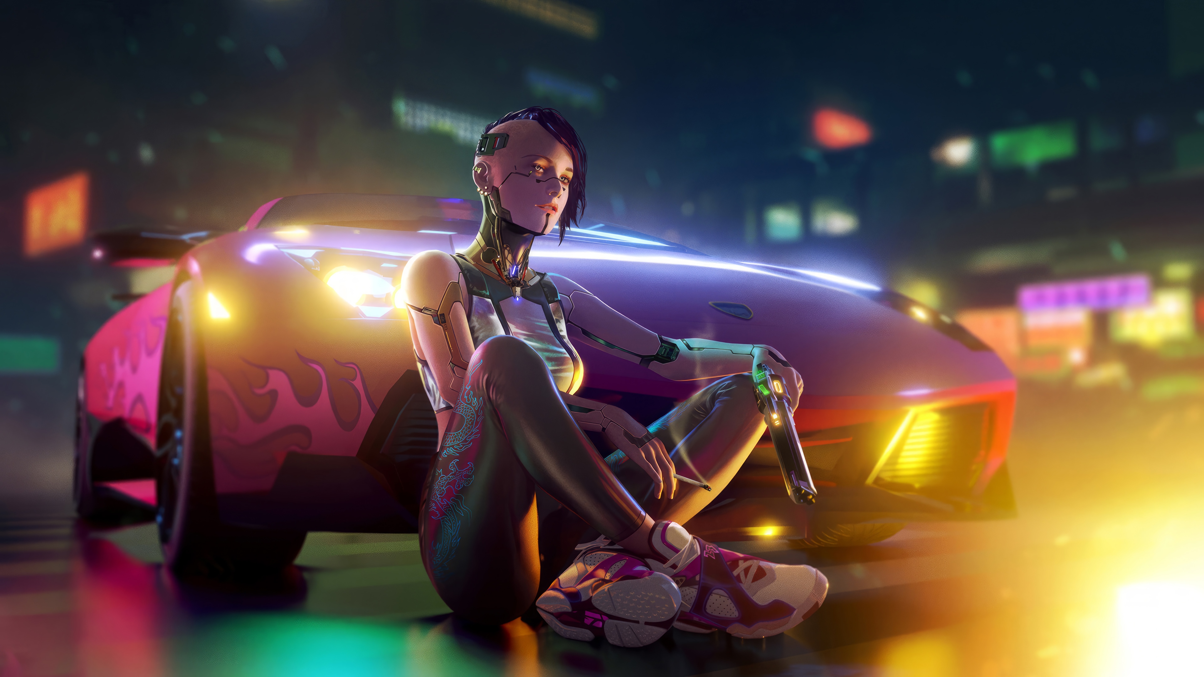 Cyberpunk girl with a sci-fi car in 4K HD Wallpaper