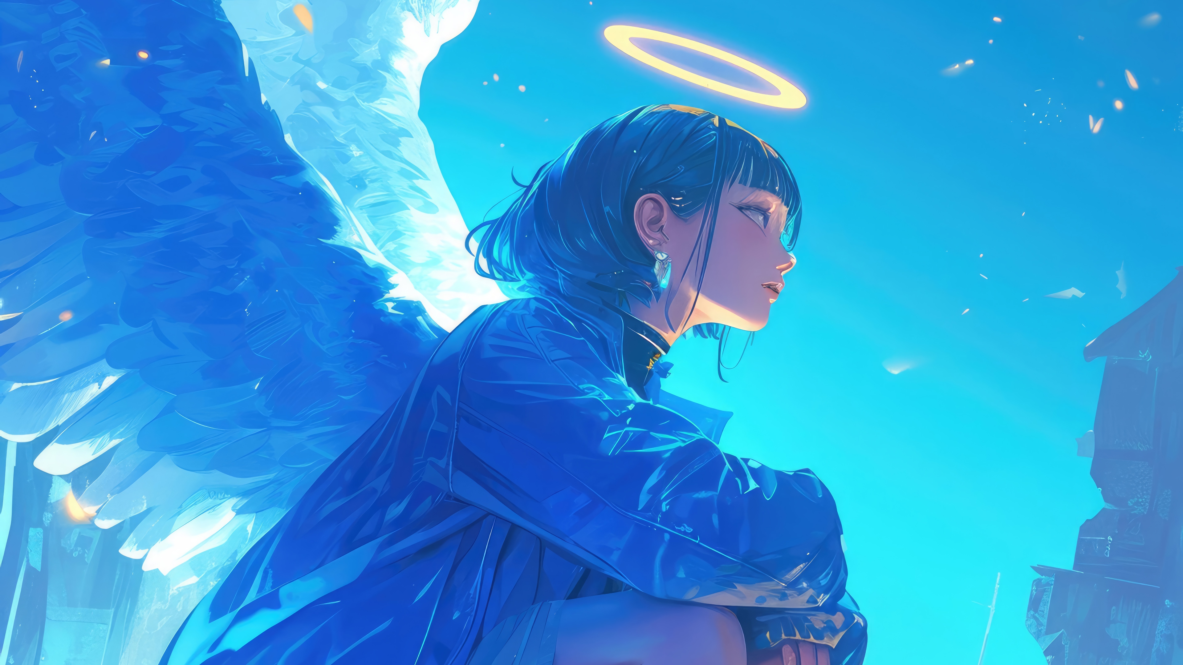 Anime Angel Girl with Blue Wings 4K HD Wallpaper