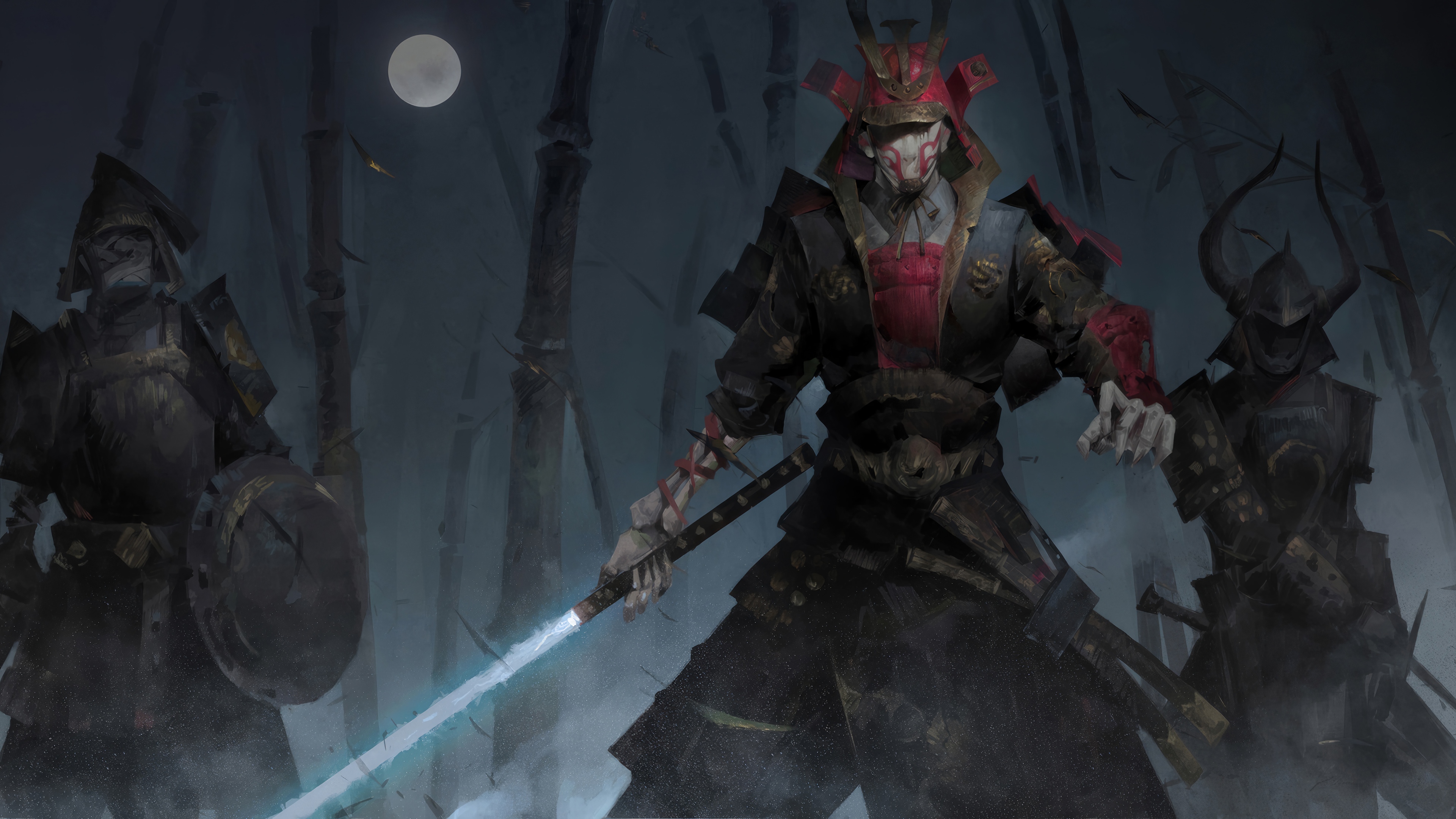 Samurai warriors in a dark bamboo forest under the moon HD Wallpaper