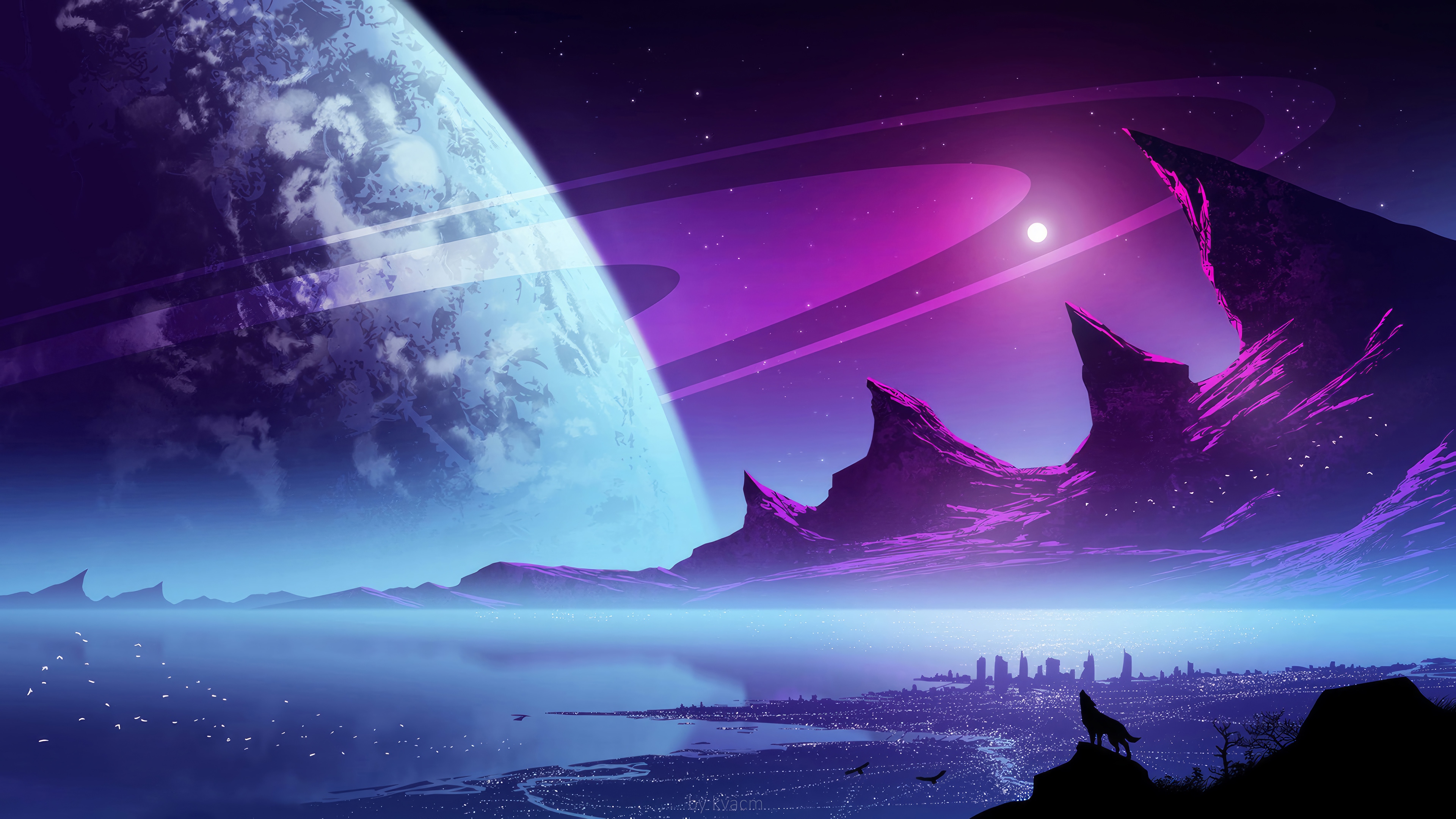 Alien Planet with Rings and City HD Wallpaper