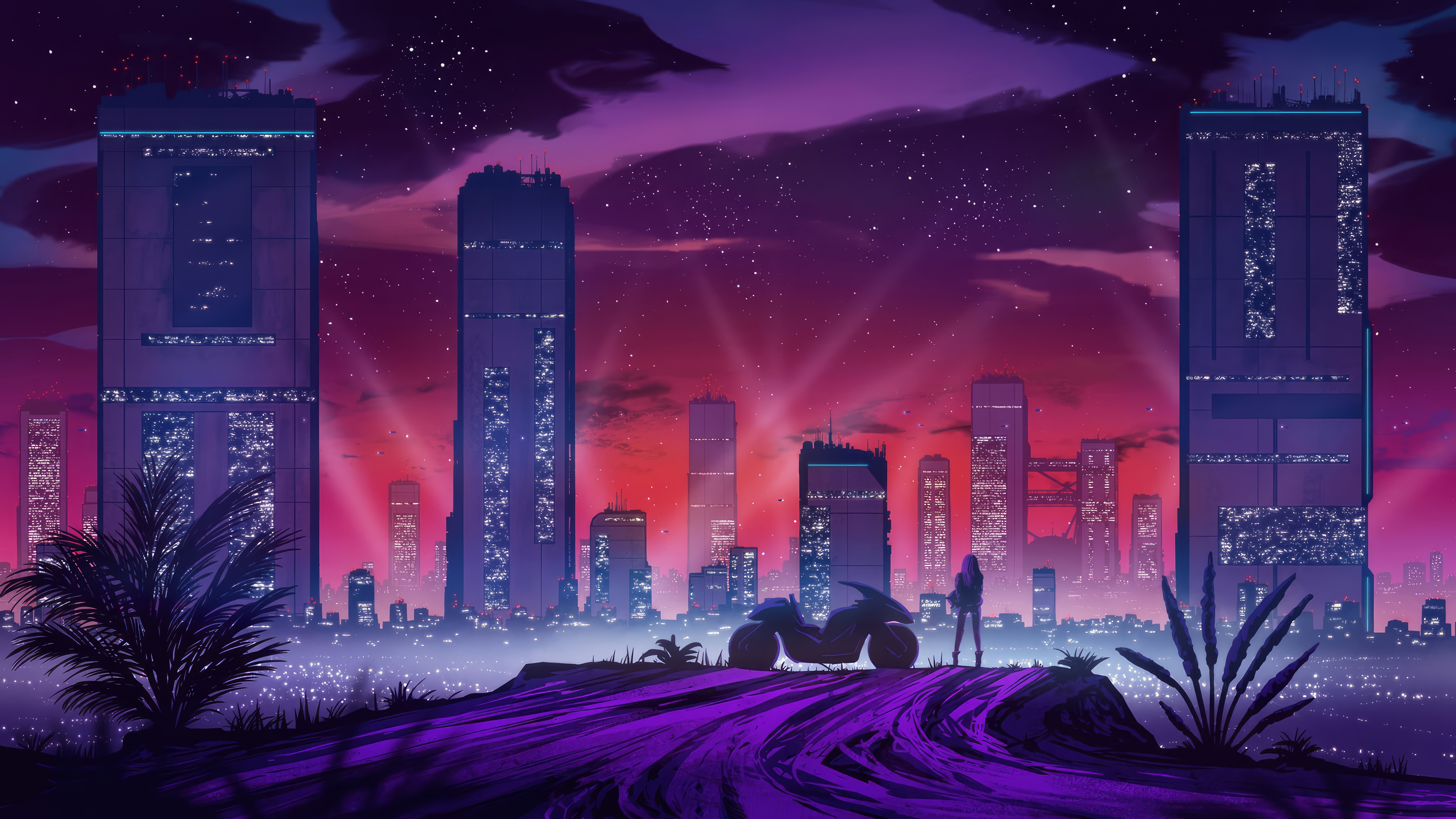Futuristic Cityscape at Night with a Motorcycle and Person HD Wallpaper