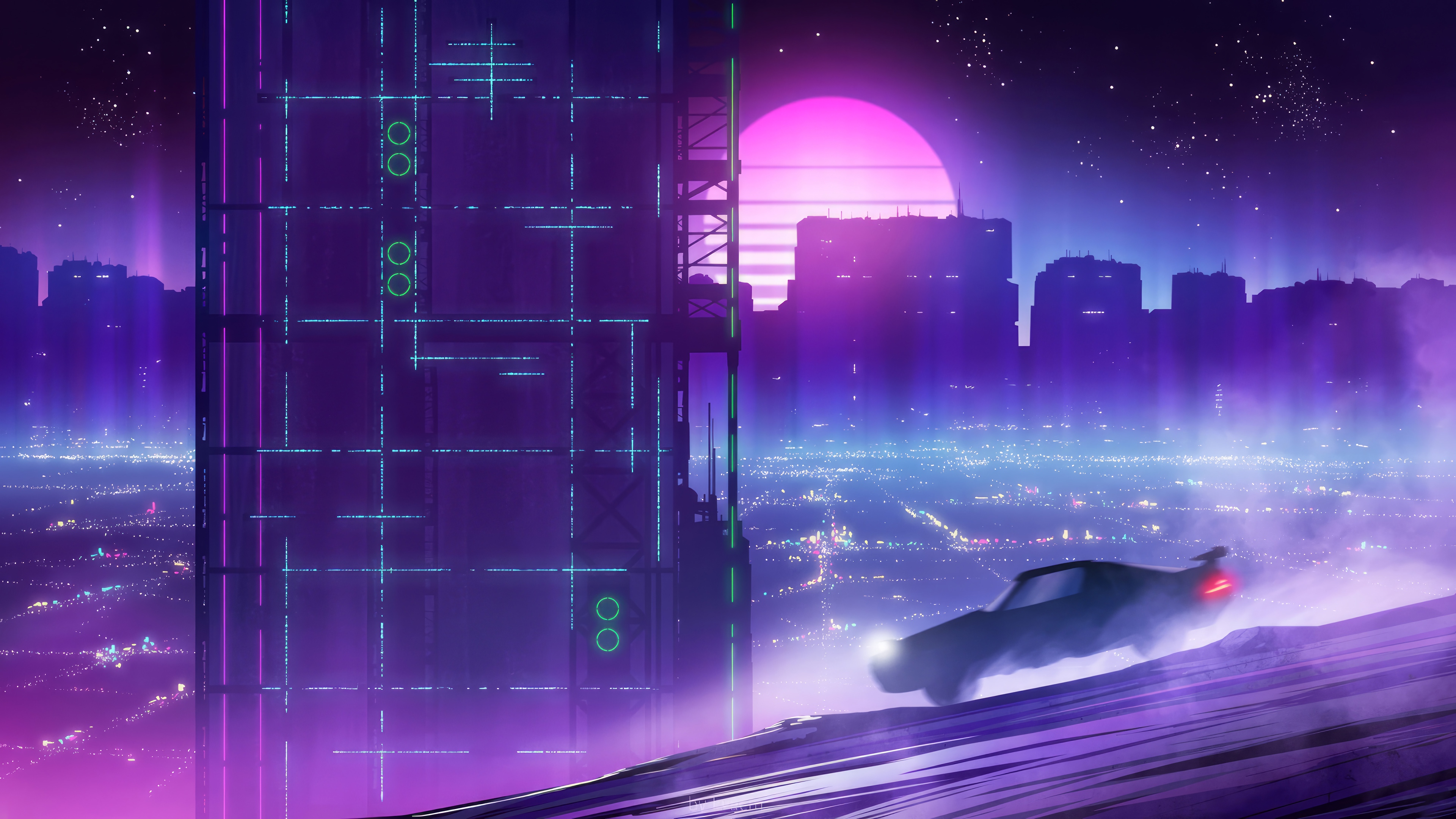 Futuristic Cityscape with a Car at Night 4K HD Wallpaper