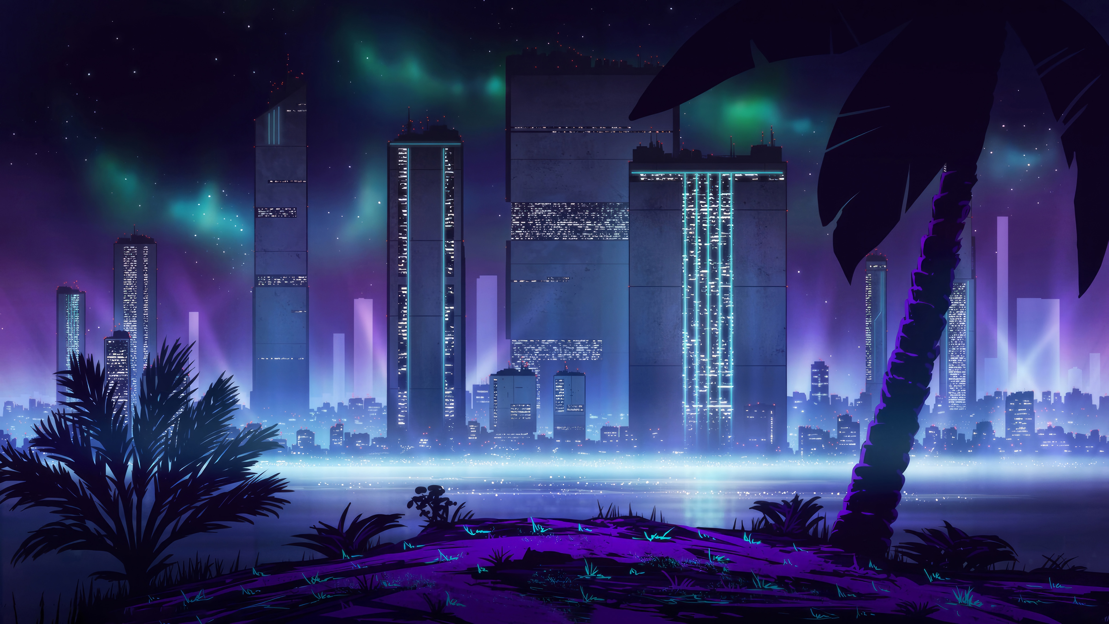 Futuristic Cityscape at Night with Aurora HD Wallpaper