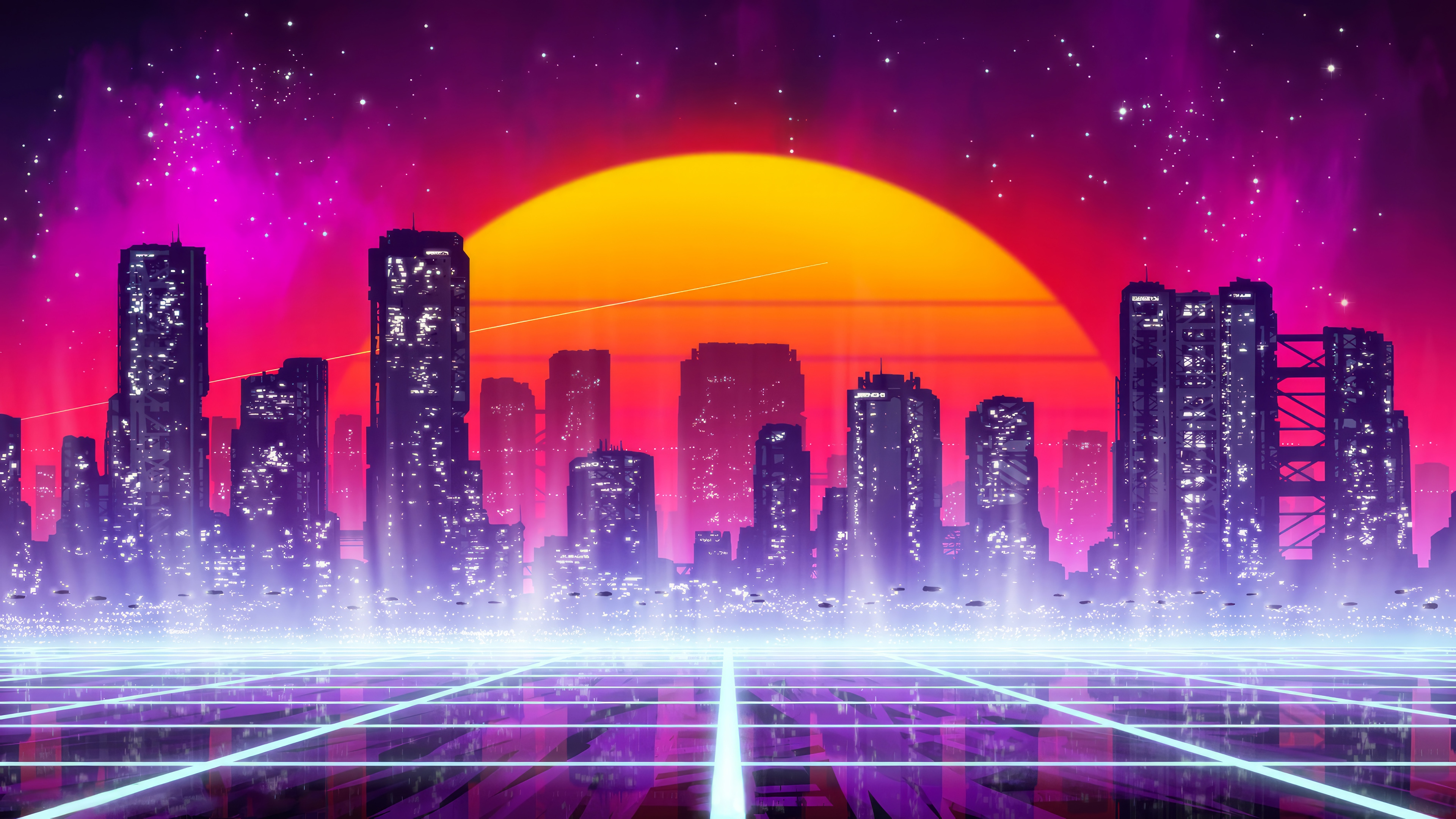 Retrowave Cityscape with Neon Grid and Sunset HD Wallpaper