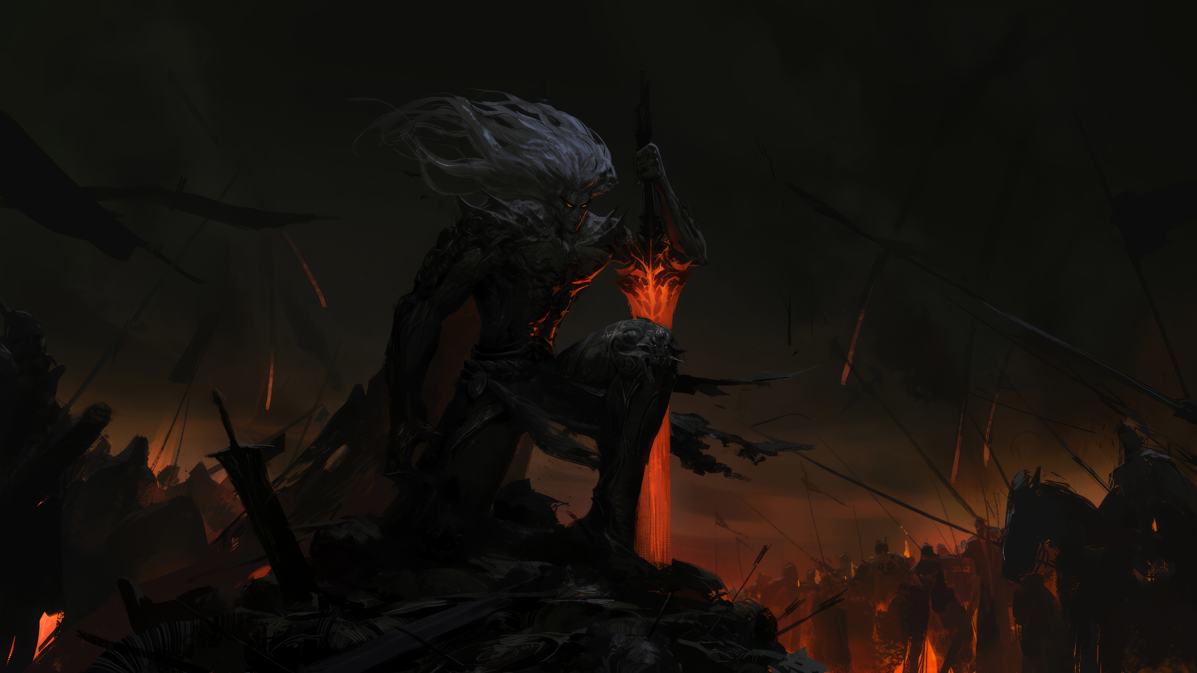 Fantasy Warrior with Fiery Sword on Battlefield 4K HD Wallpaper