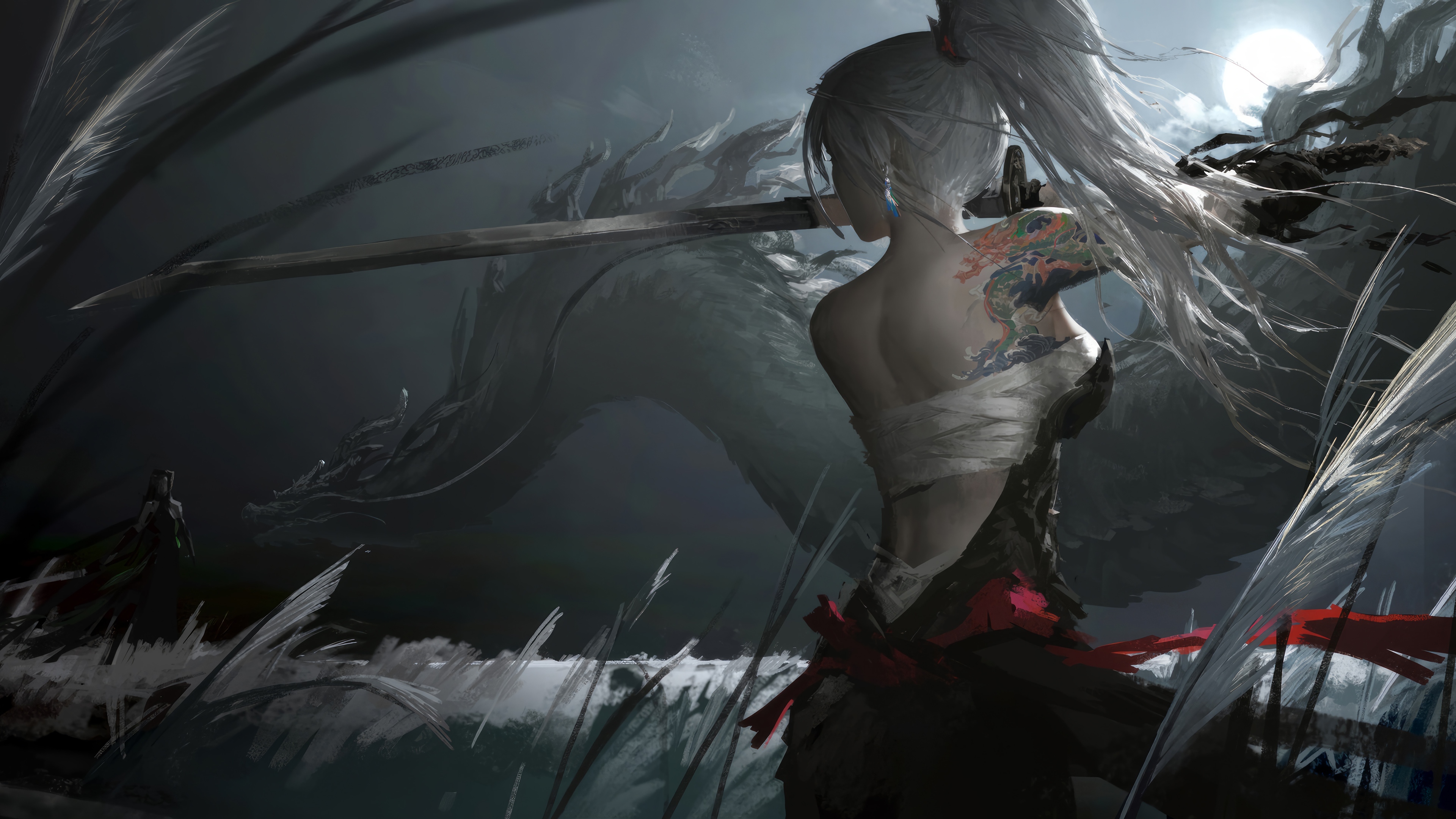 Girl Warrior with Katana Fights a Dragon in 4K HD Wallpaper