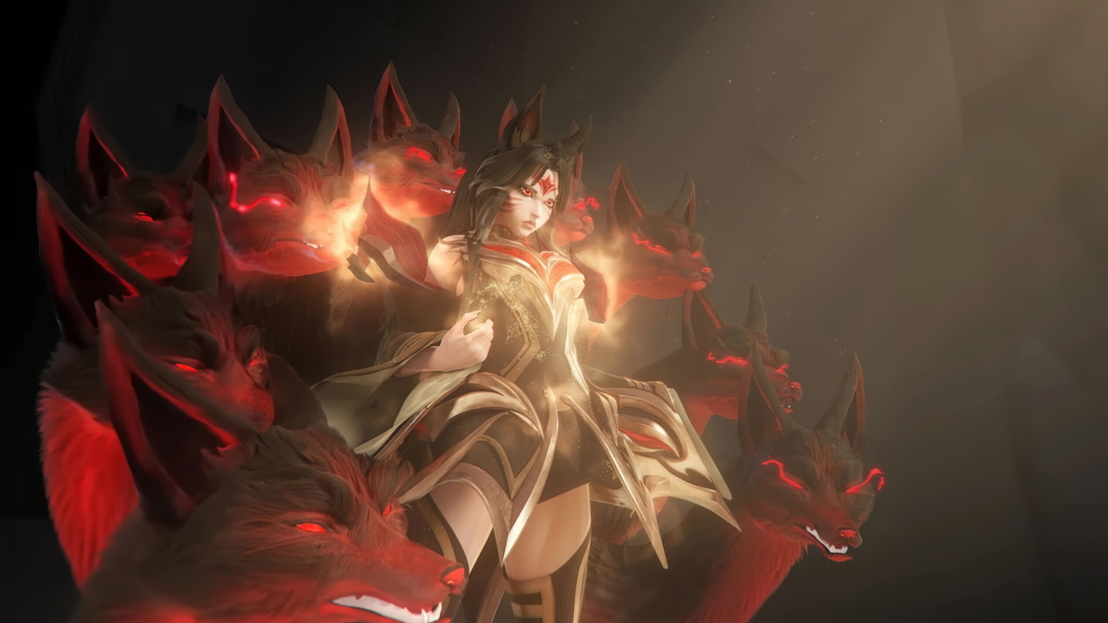 Ahri from League of Legends surrounded by fox spirits HD Wallpaper
