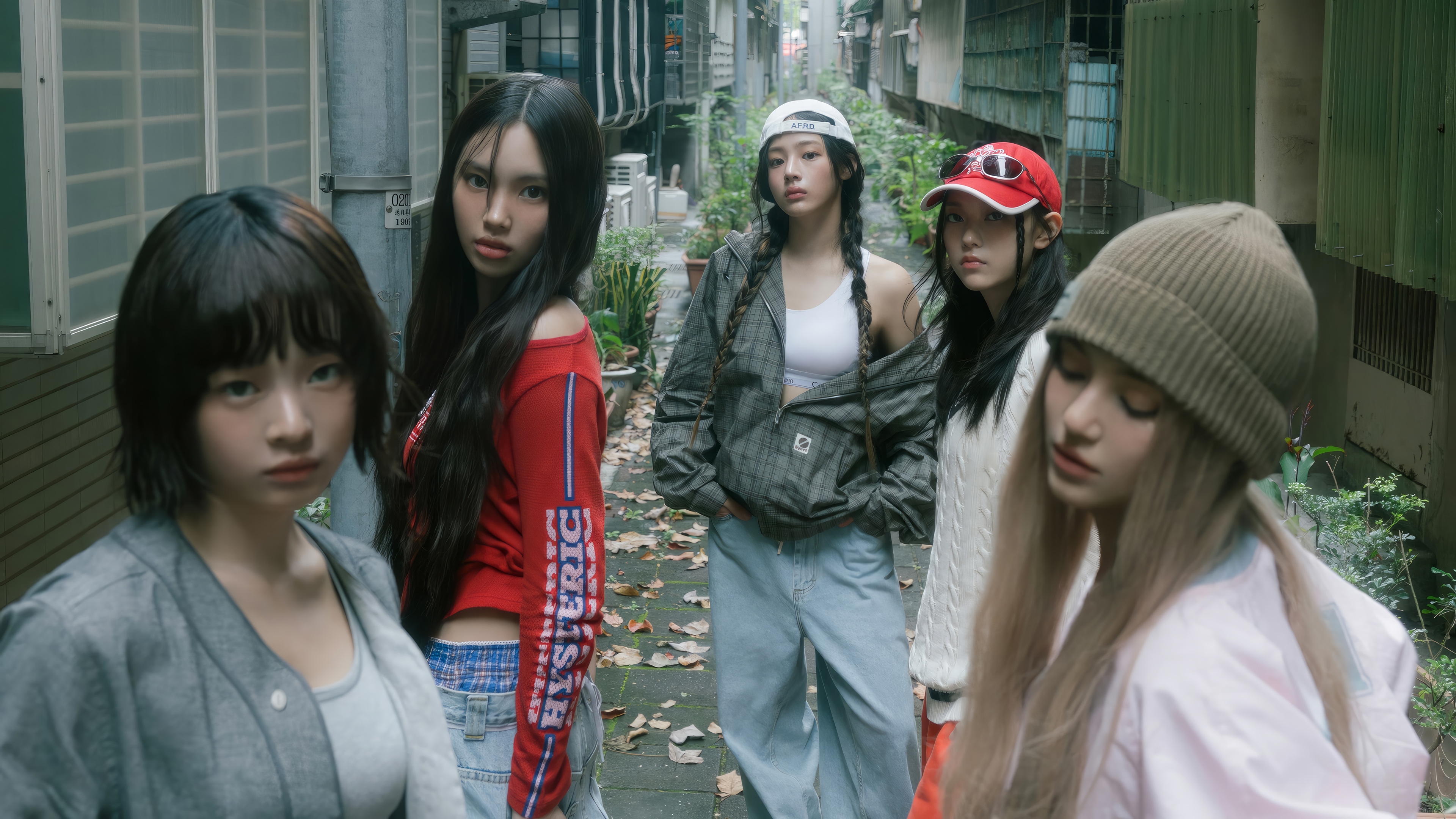 NewJeans members Hanni, Danielle, Hyein, Minji, and Haerin in alley HD Wallpaper