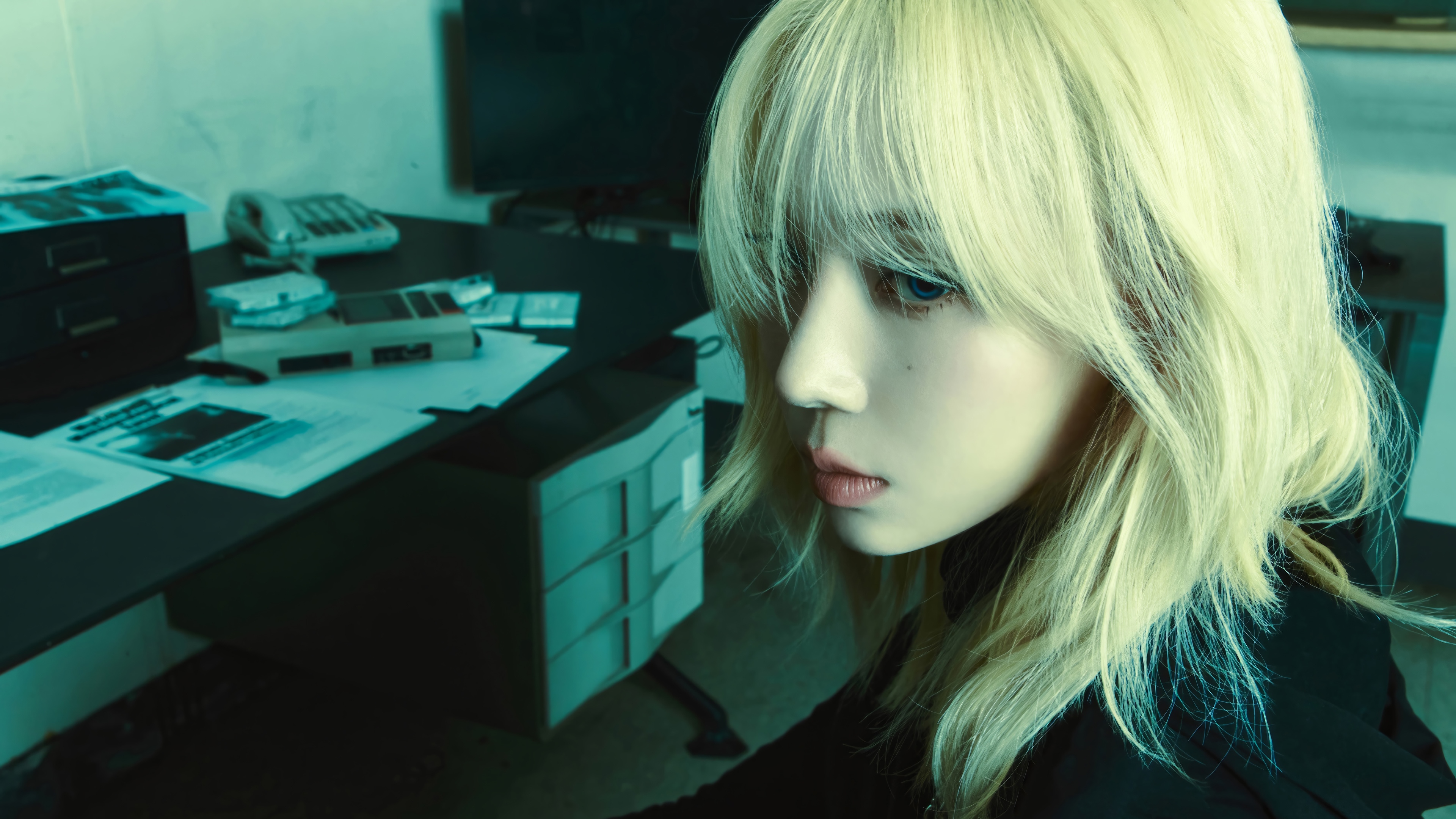 Winter from Aespa in a dark office setting HD Wallpaper