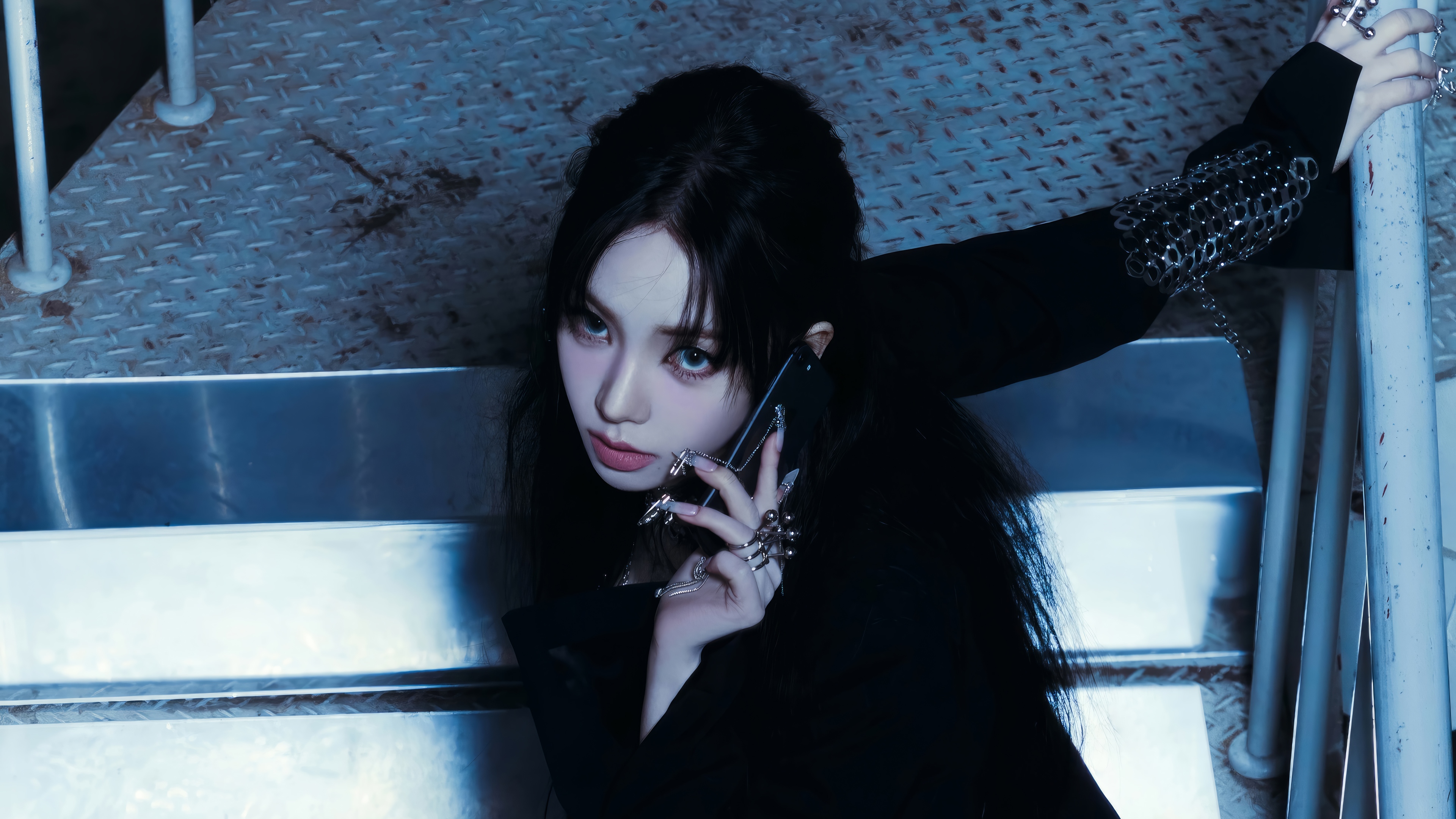 Karina from Aespa on a metal staircase HD Wallpaper