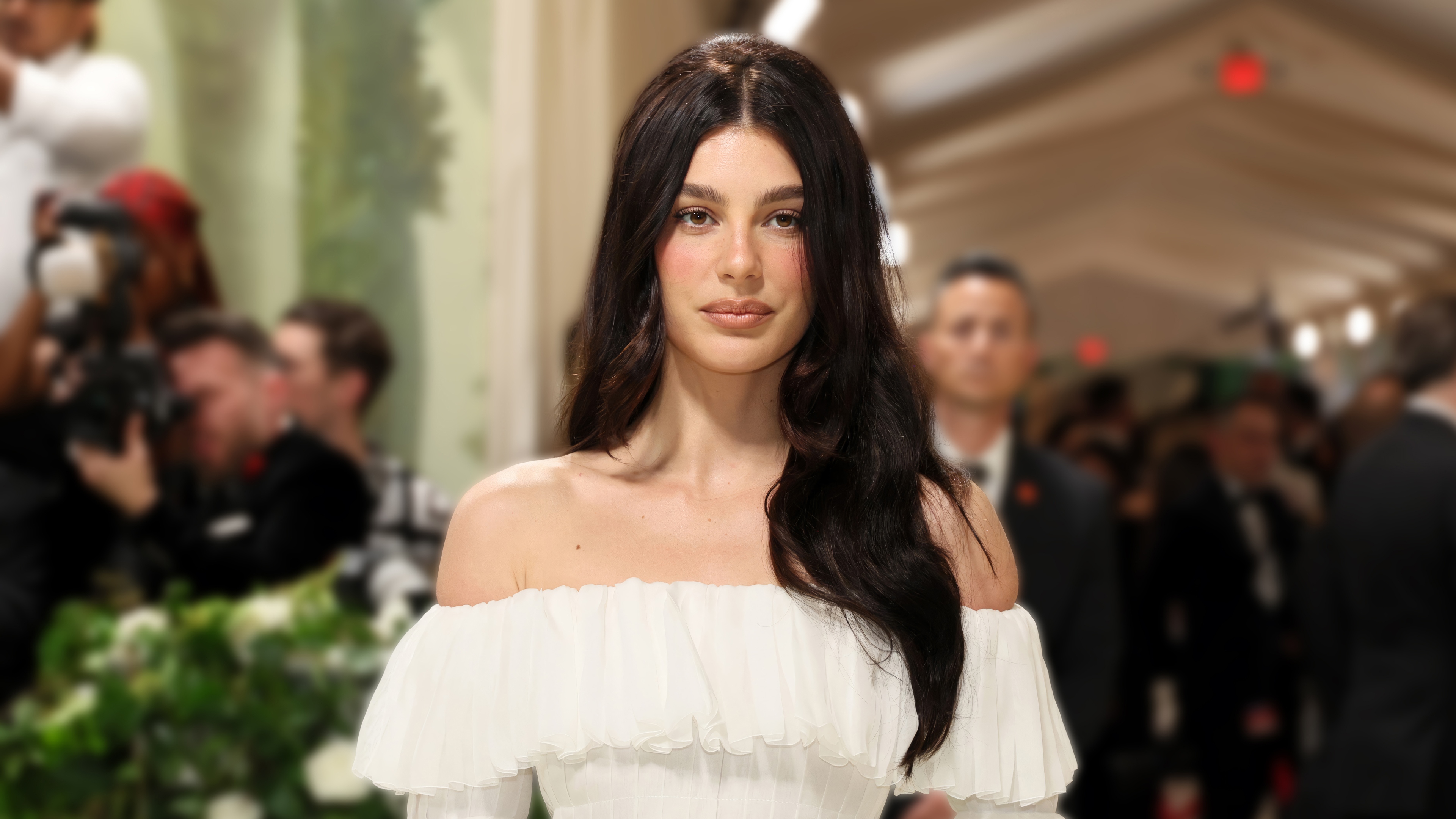 Camila Morrone in a white off-the-shoulder dress HD Wallpaper